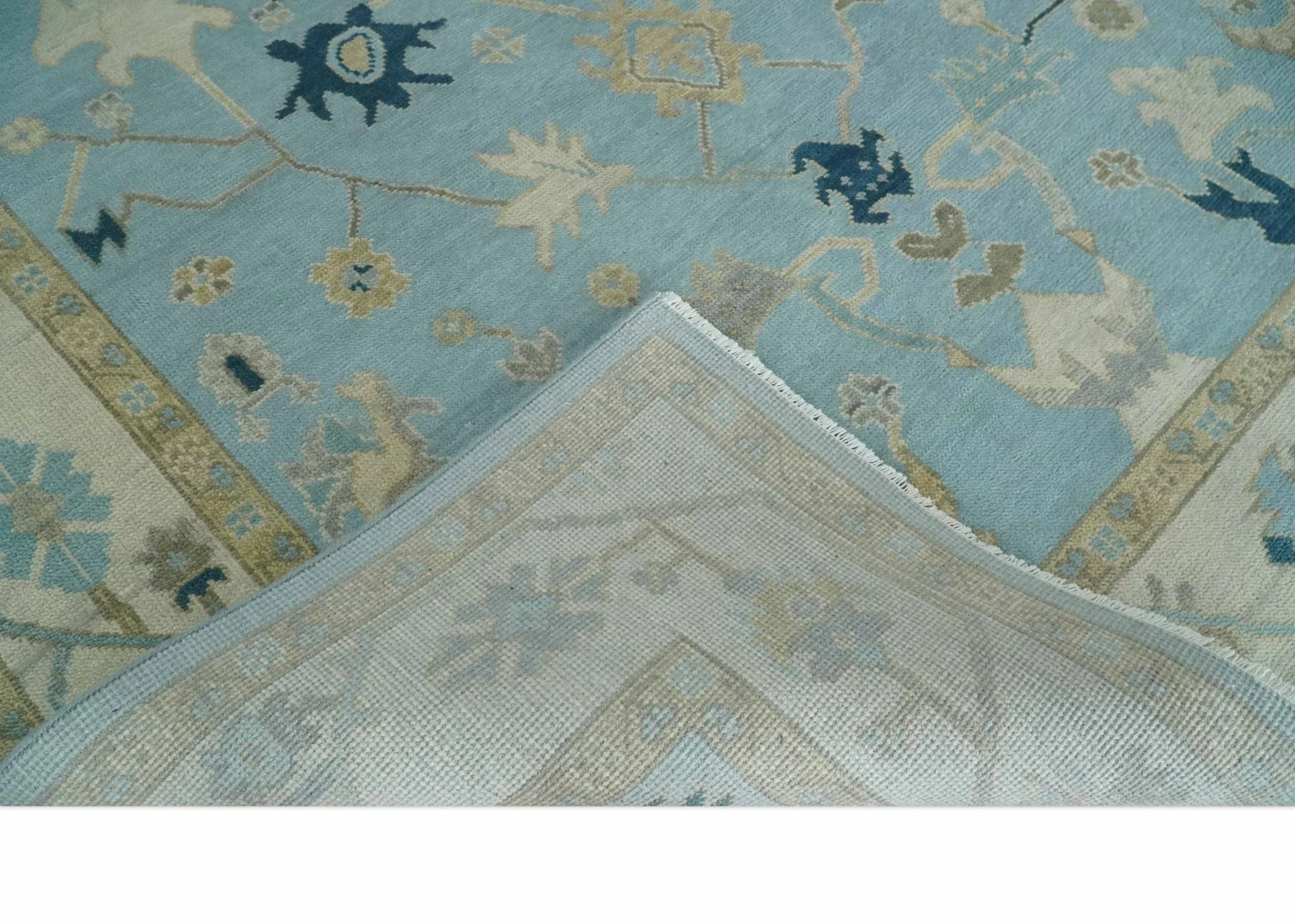 Antique Blue, Ivory and Beige Multi Size Traditional Oushak Wool Rug - Image 6