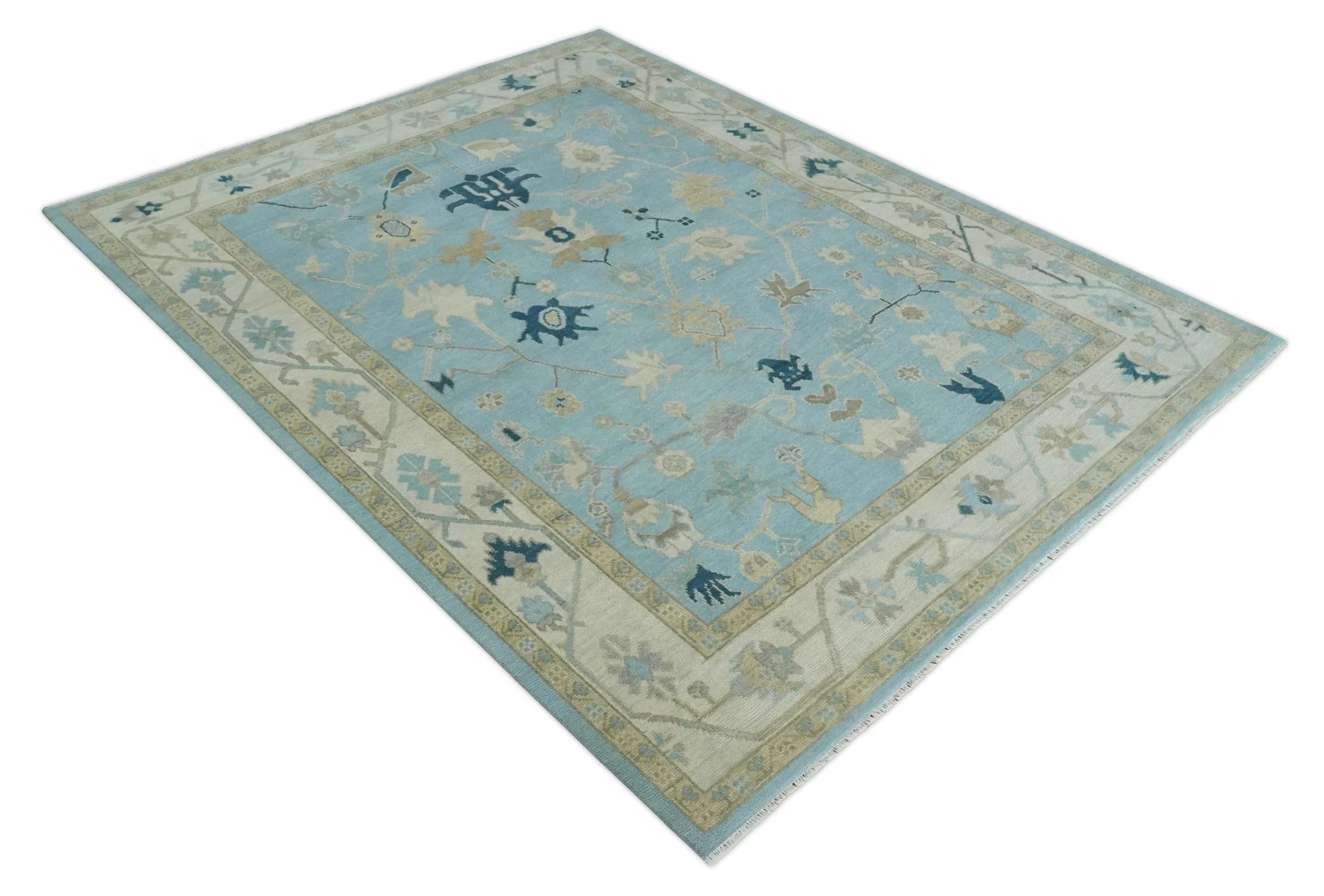 Antique Blue, Ivory and Beige Multi Size Traditional Oushak Wool Rug - Image 9