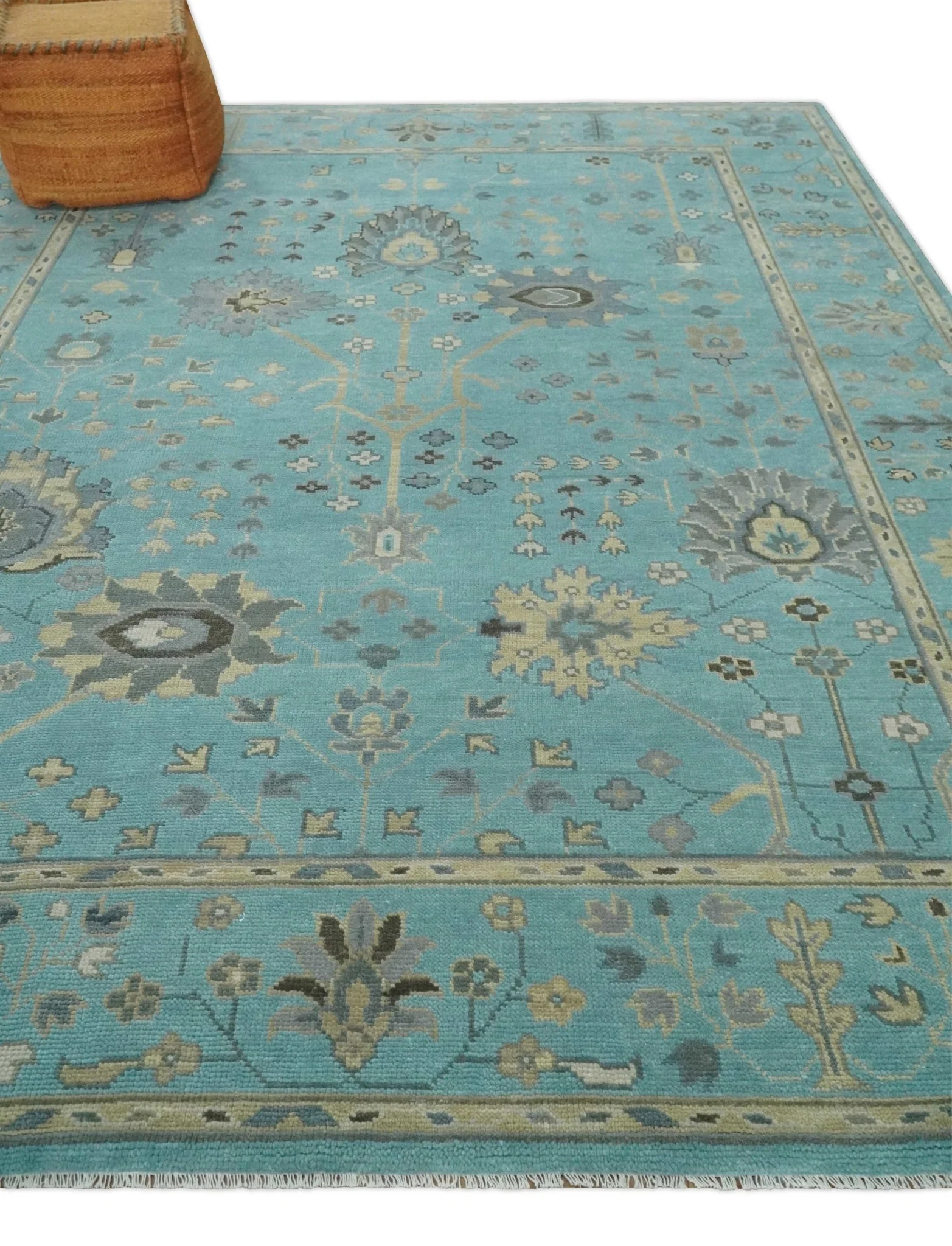 Antique Blue, Silver and Beige Hand Knotted Multi Size Traditional Floral Vintage Wool Area Rug - Image 3