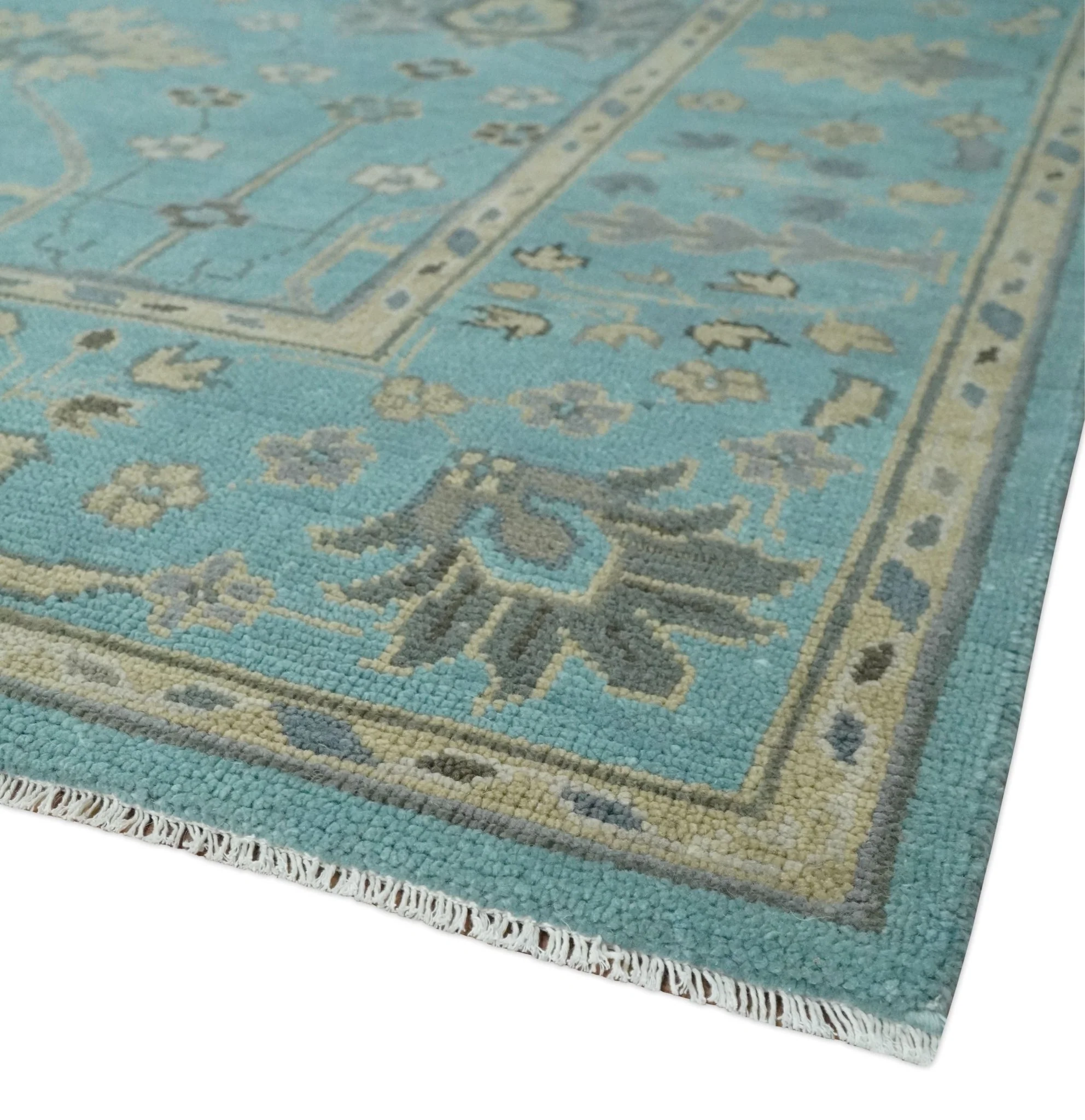 Antique Blue, Silver and Beige Hand Knotted Multi Size Traditional Floral Vintage Wool Area Rug - Image 5