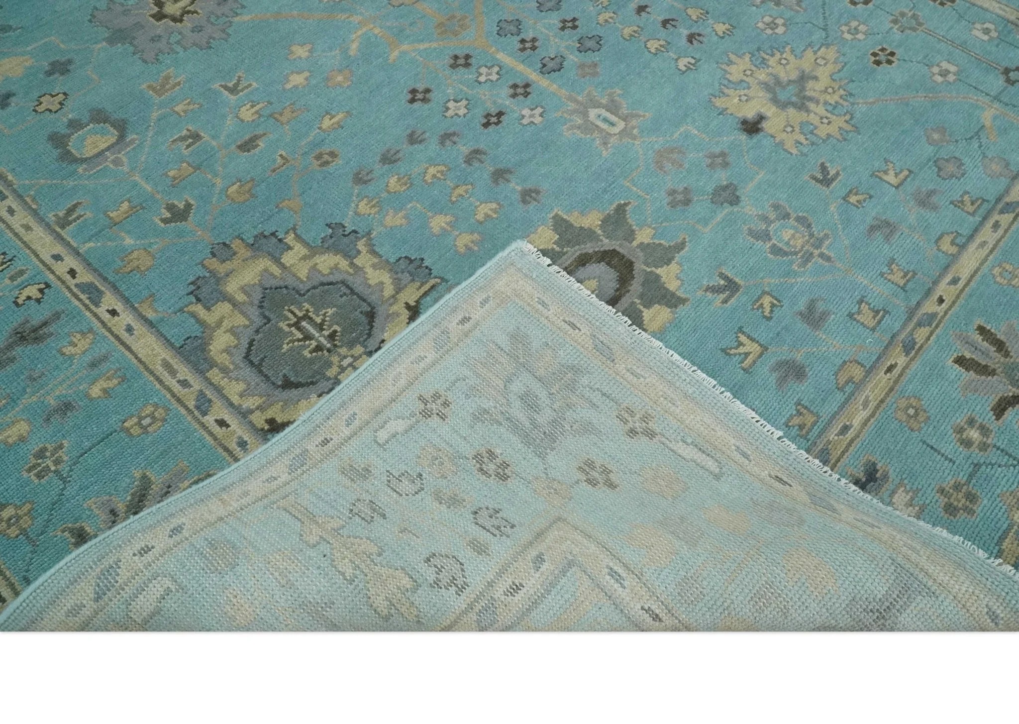 Antique Blue, Silver and Beige Hand Knotted Multi Size Traditional Floral Vintage Wool Area Rug - Image 6