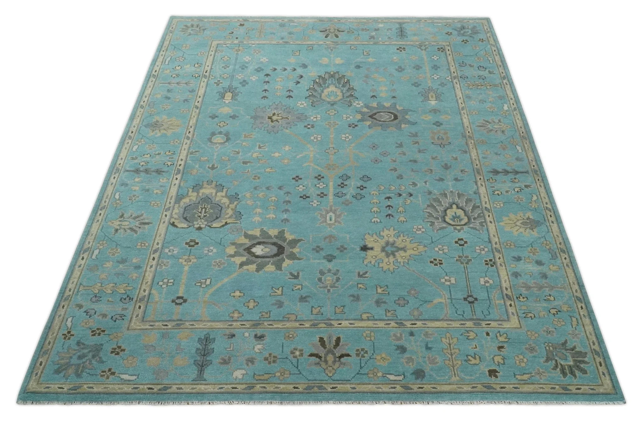 Antique Blue, Silver and Beige Hand Knotted Multi Size Traditional Floral Vintage Wool Area Rug - Image 9