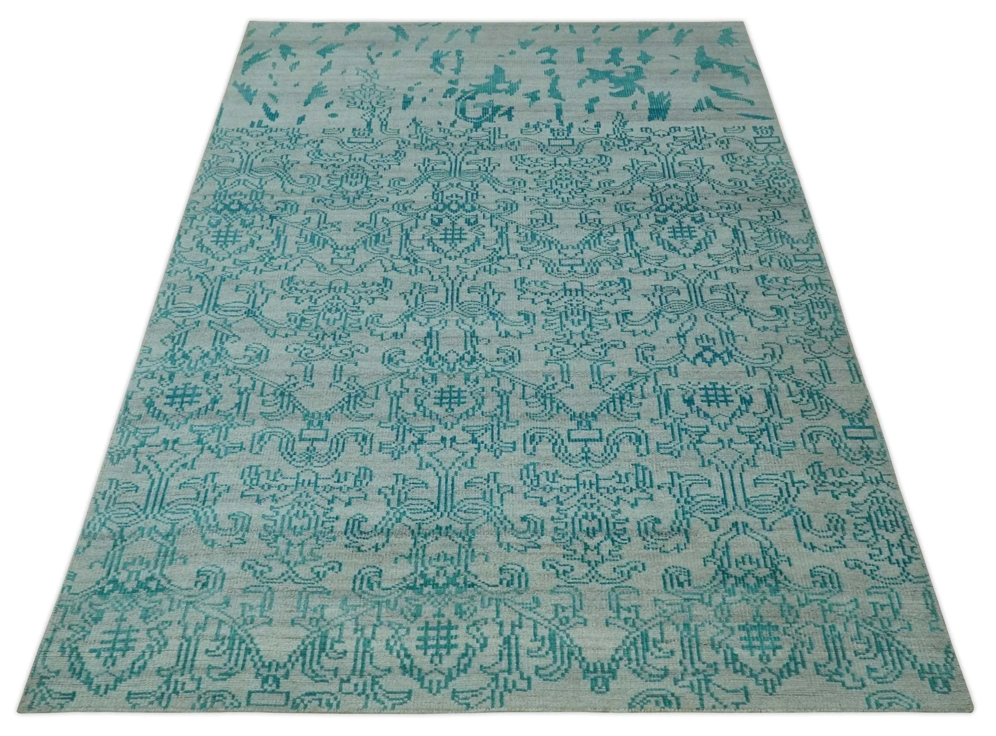 Antique design 6.5x10 Silver and Blue Traditional Hand Knotted wool Area Rug - Image 10