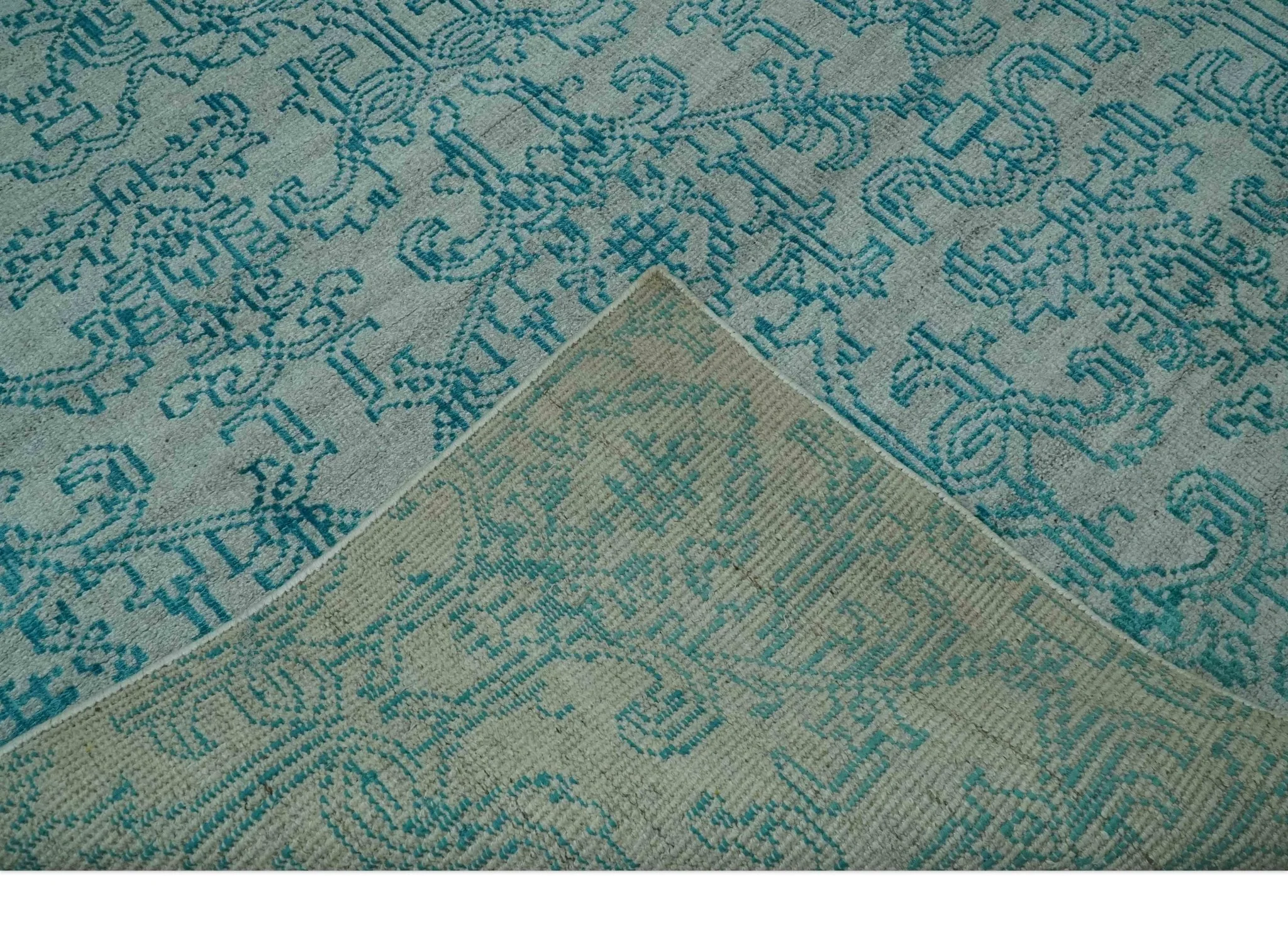Antique design 6.5x10 Silver and Blue Traditional Hand Knotted wool Area Rug - Image 7