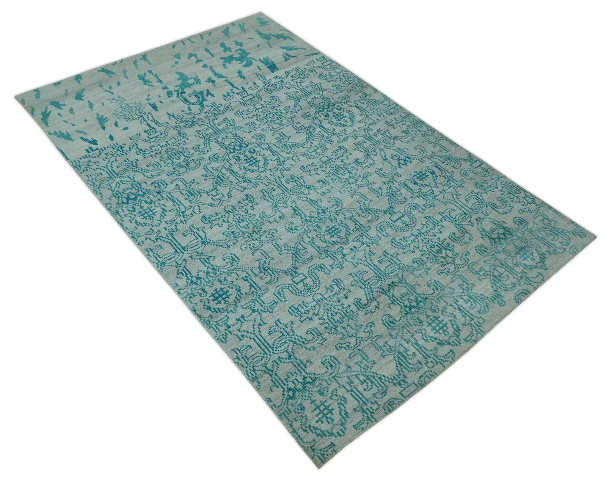 Antique design 6.5x10 Silver and Blue Traditional Hand Knotted wool Area Rug - Image 9