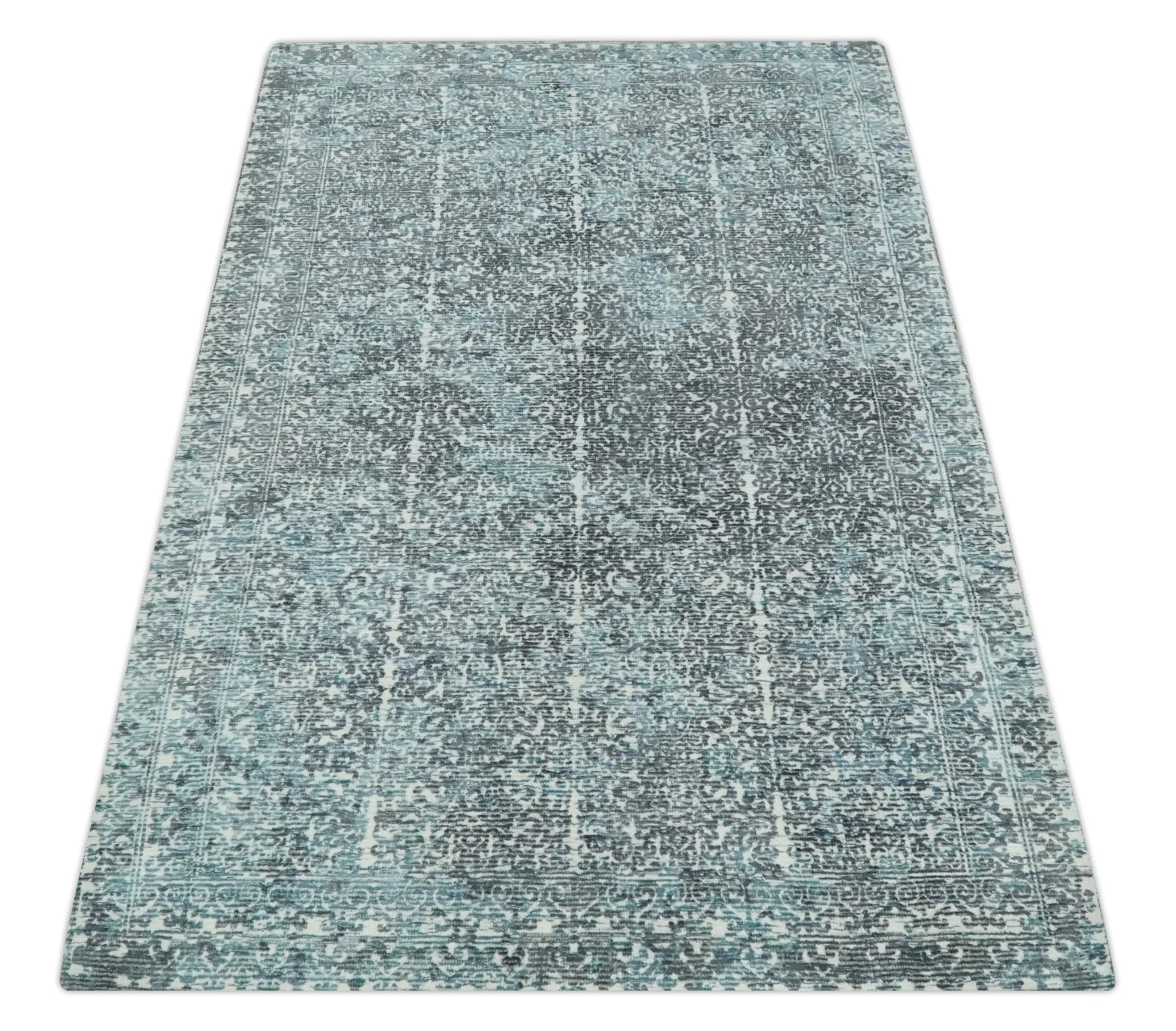 Premium look antique Design Teal, Charcoal and Ivory 5x8 Hand loom wool and Viscose Area Rug - Image 11