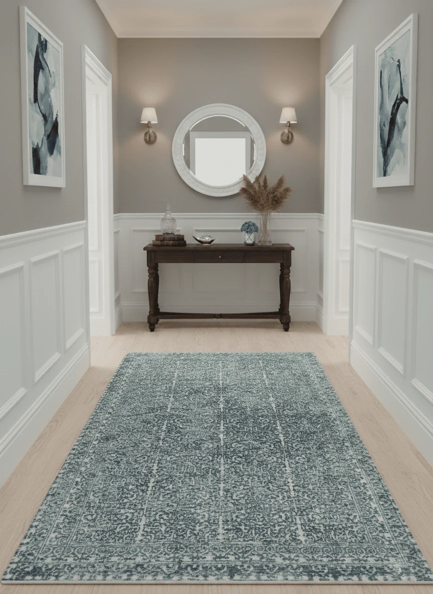 Premium look antique Design Teal, Charcoal and Ivory 5x8 Hand loom wool and Viscose Area Rug - Image 2