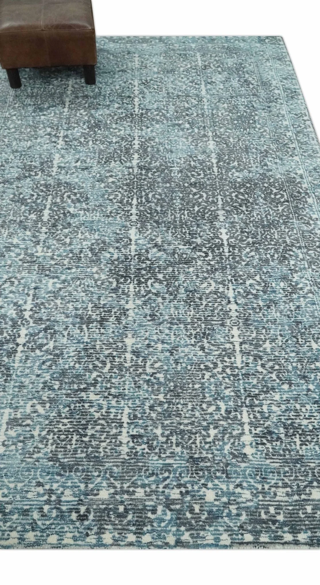 Premium look antique Design Teal, Charcoal and Ivory 5x8 Hand loom wool and Viscose Area Rug - Image 4