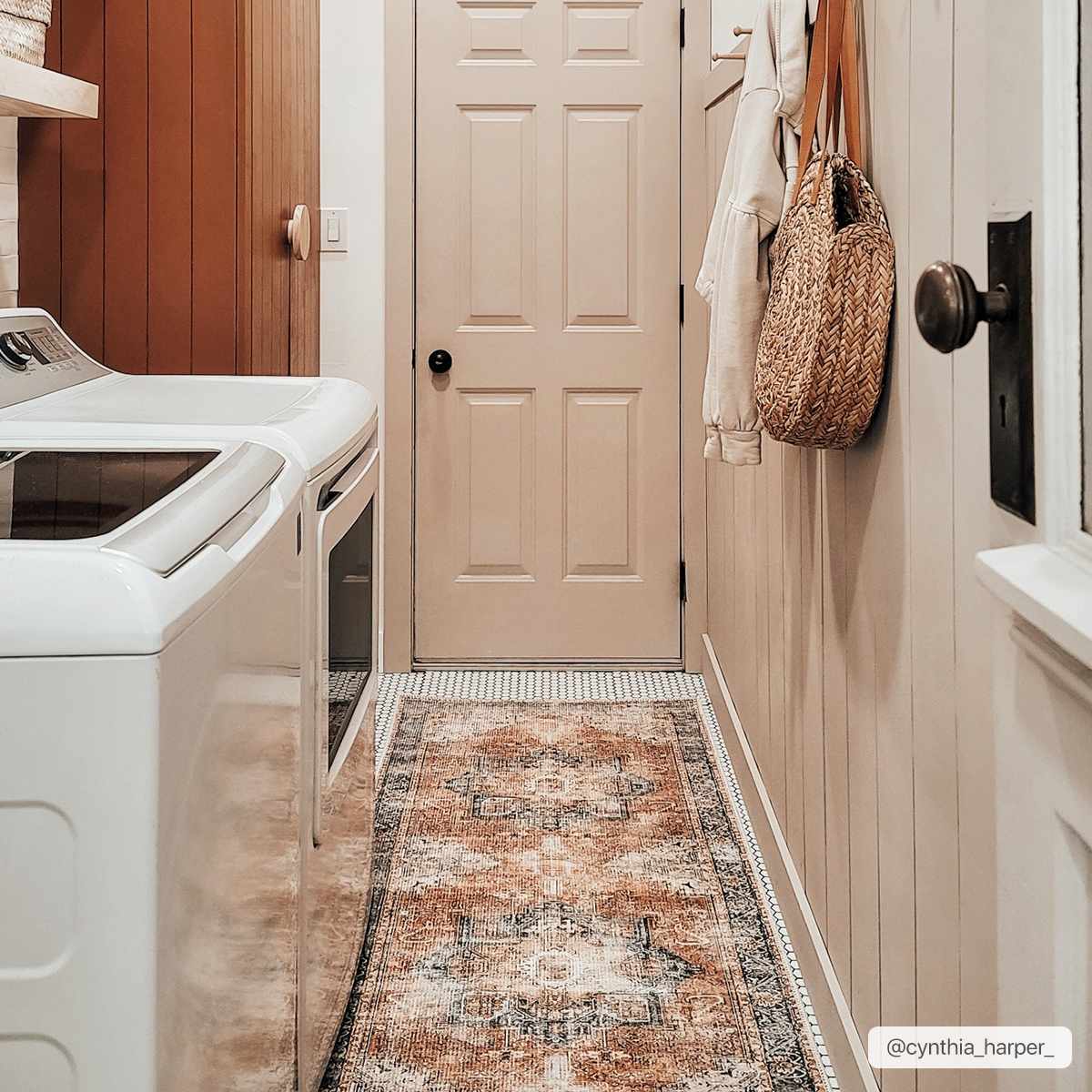 Antique Distressed Style Rust, Light Pink and Blue Machine Washable Rug - Image 12