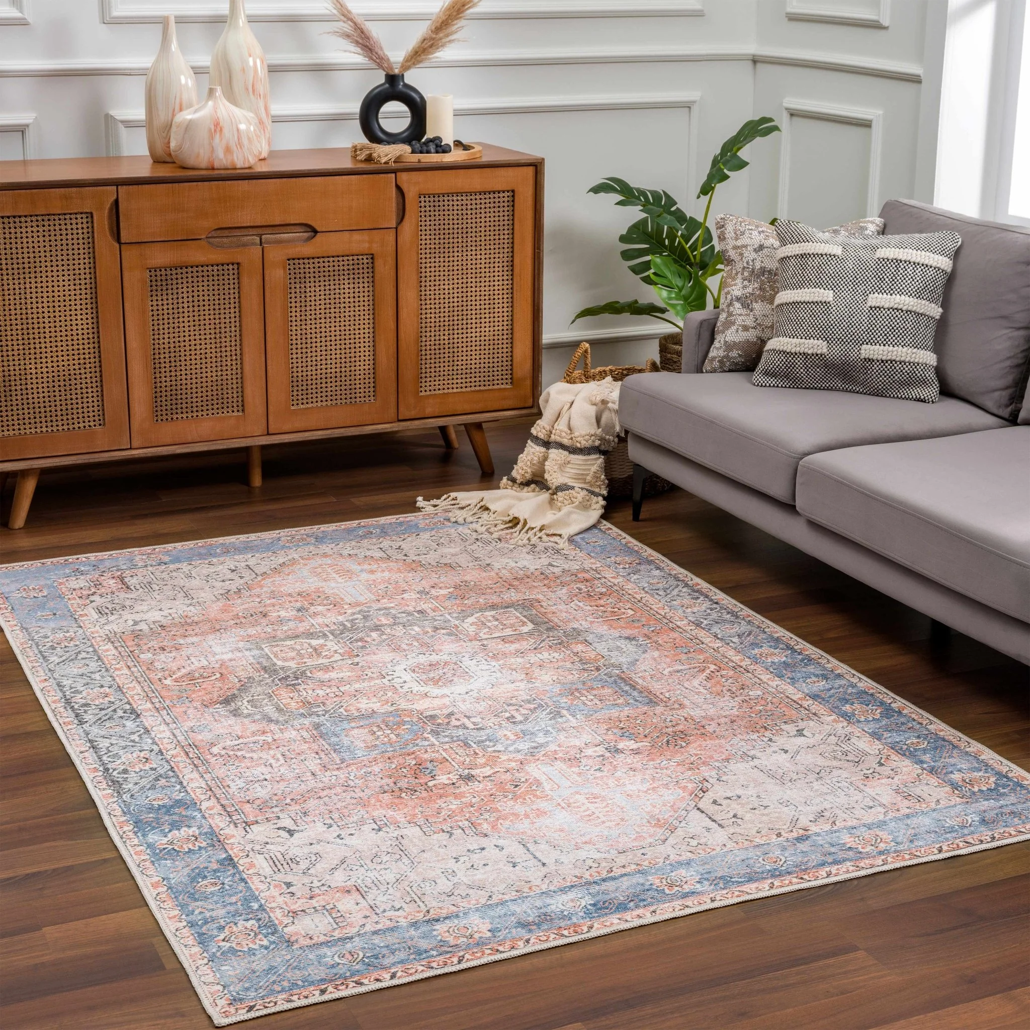 Antique Distressed Style Rust, Light Pink and Blue Machine Washable Rug - Image 14