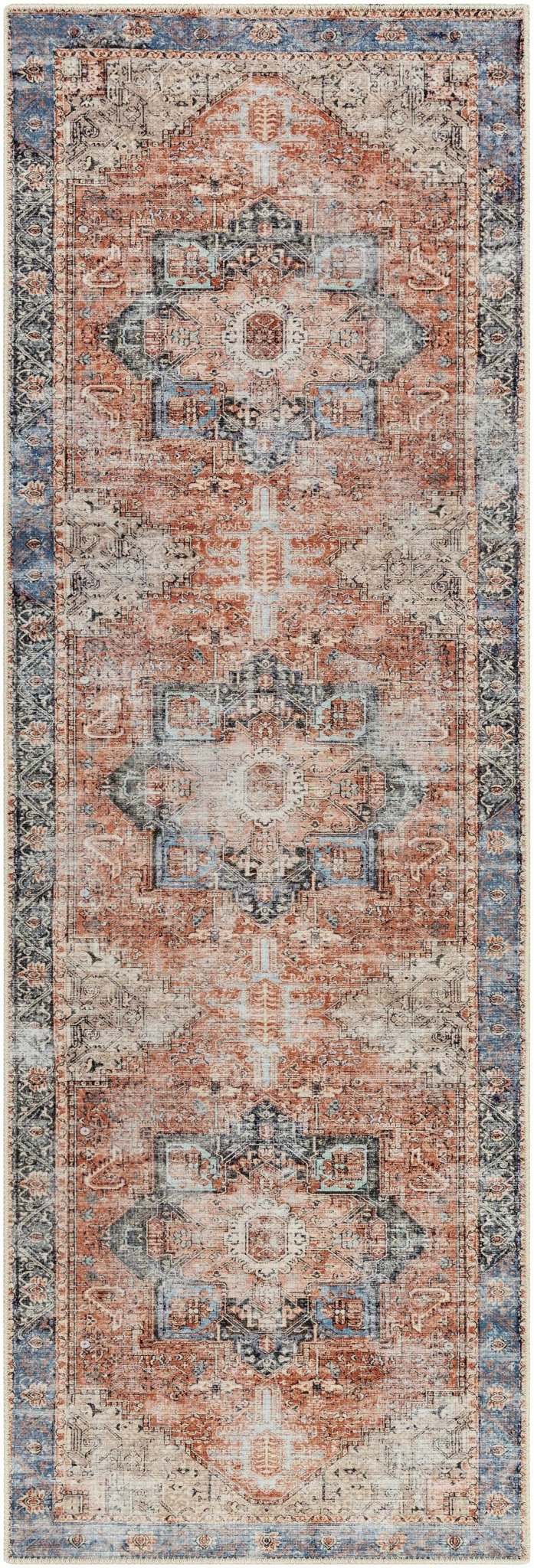 Antique Distressed Style Rust, Light Pink and Blue Machine Washable Rug - Image 15