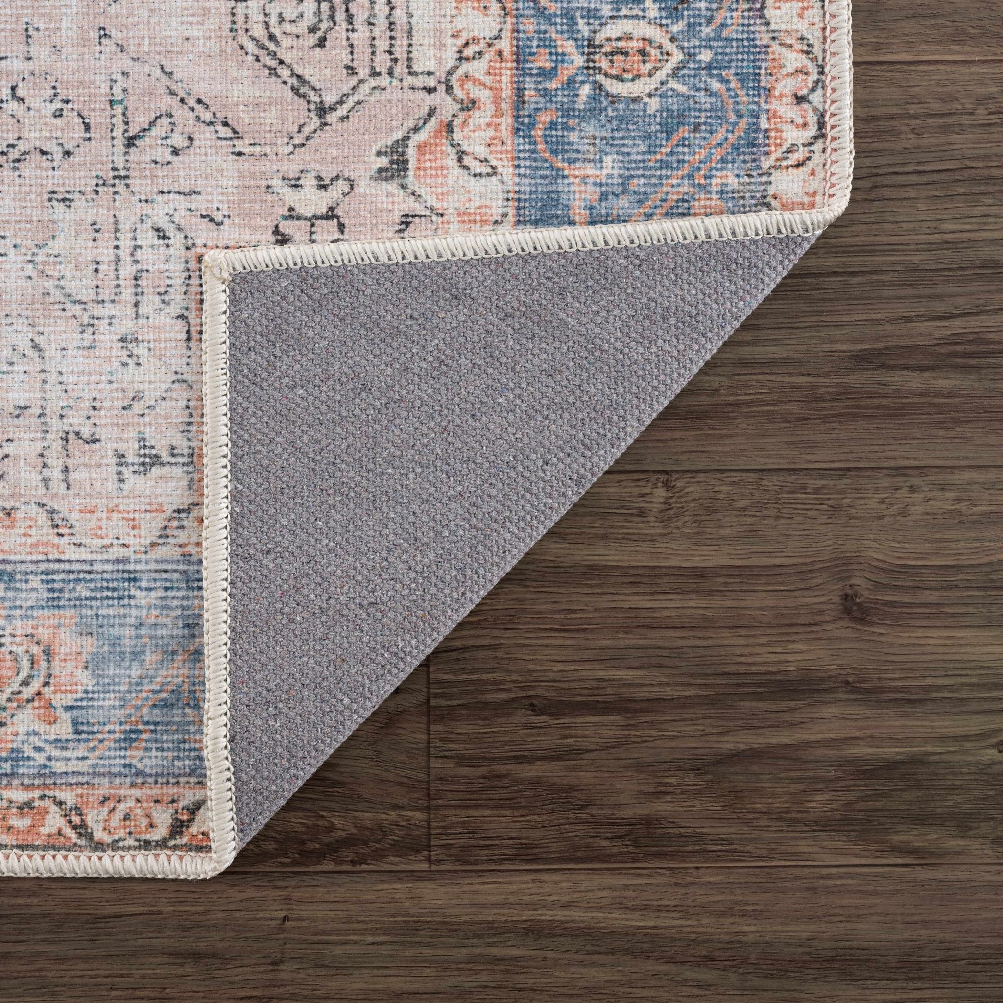 Antique Distressed Style Rust, Light Pink and Blue Machine Washable Rug - Image 16