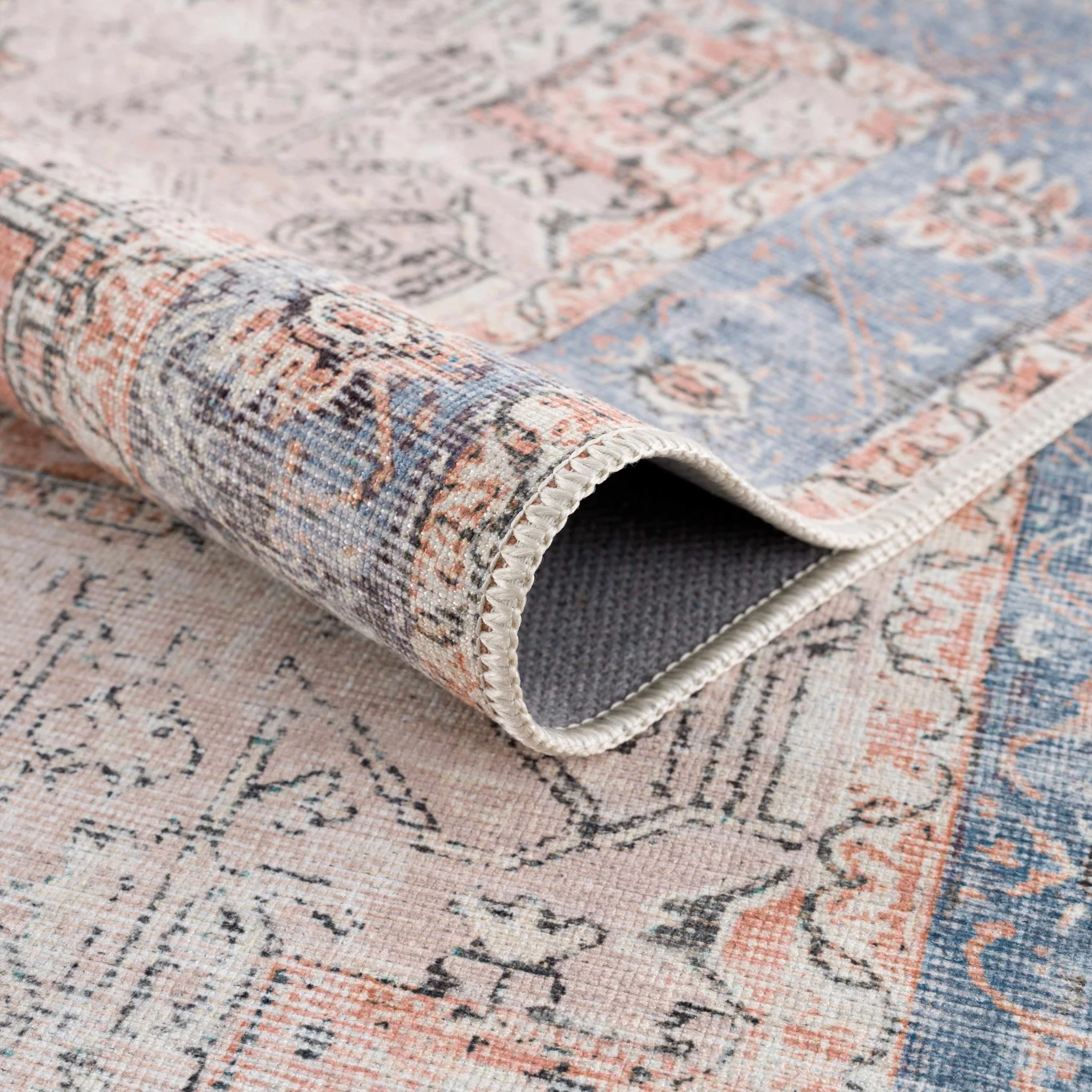 Antique Distressed Style Rust, Light Pink and Blue Machine Washable Rug - Image 17