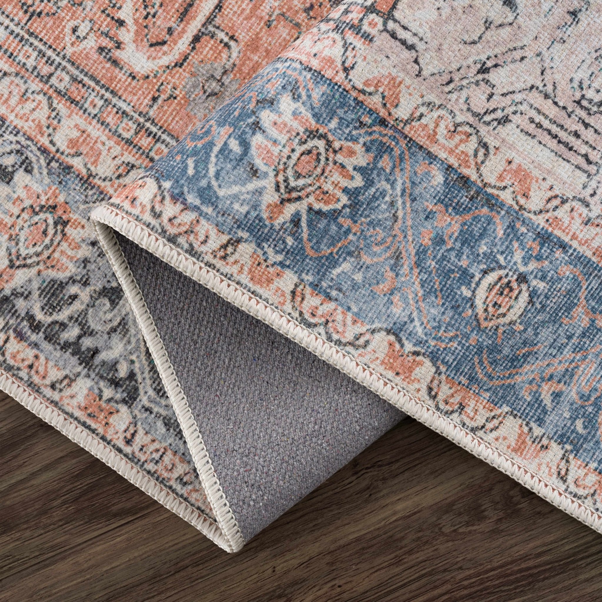 Antique Distressed Style Rust, Light Pink and Blue Machine Washable Rug - Image 18