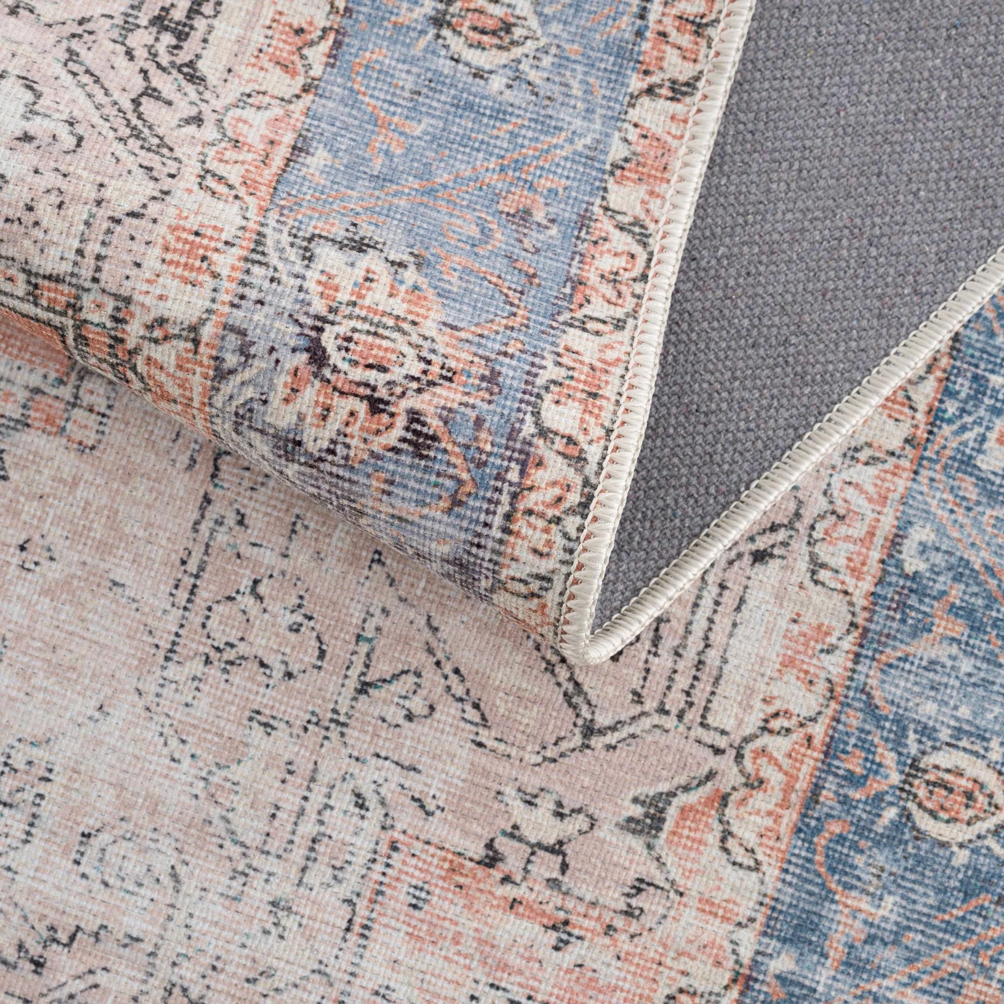 Antique Distressed Style Rust, Light Pink and Blue Machine Washable Rug - Image 19