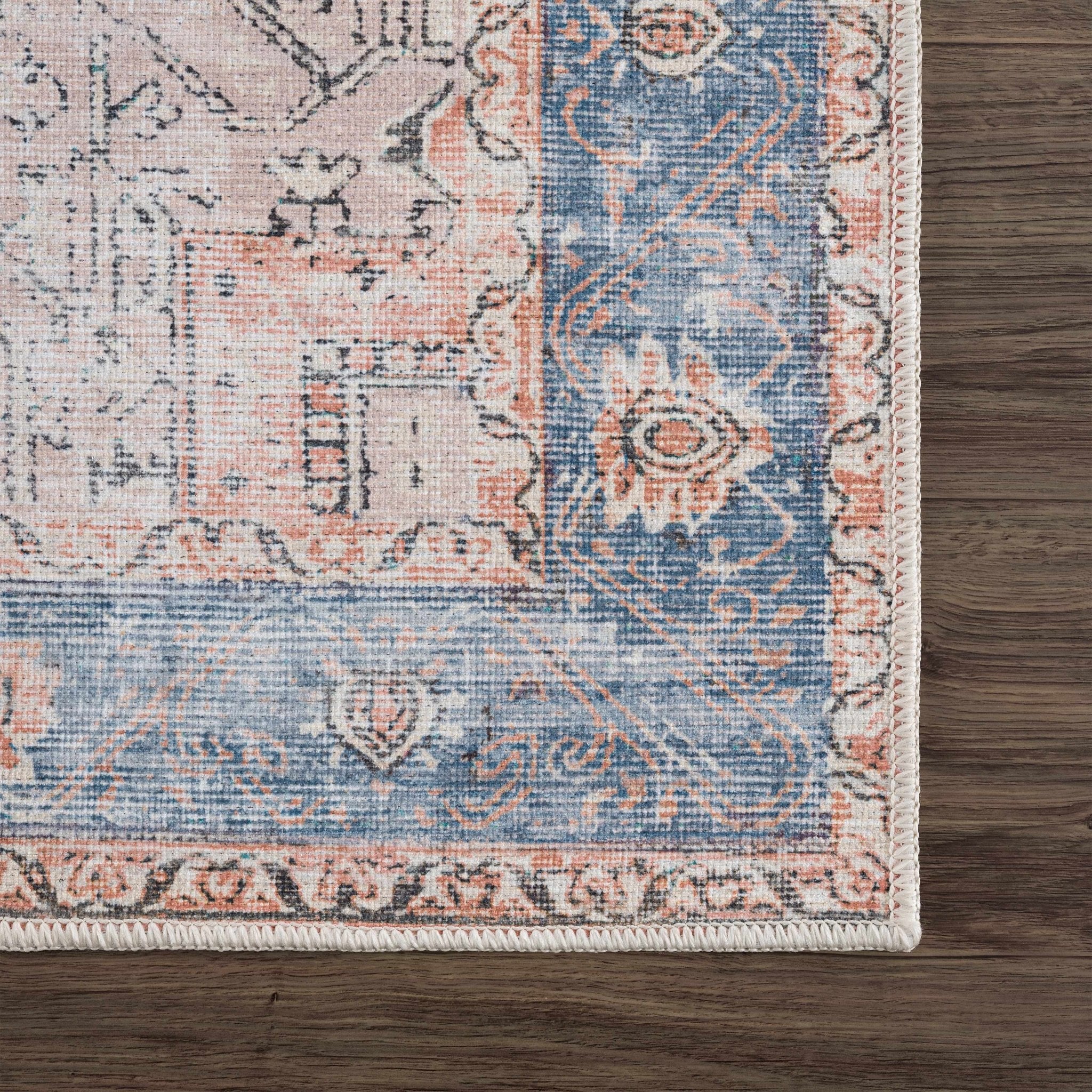 Antique Distressed Style Rust, Light Pink and Blue Machine Washable Rug - Image 20