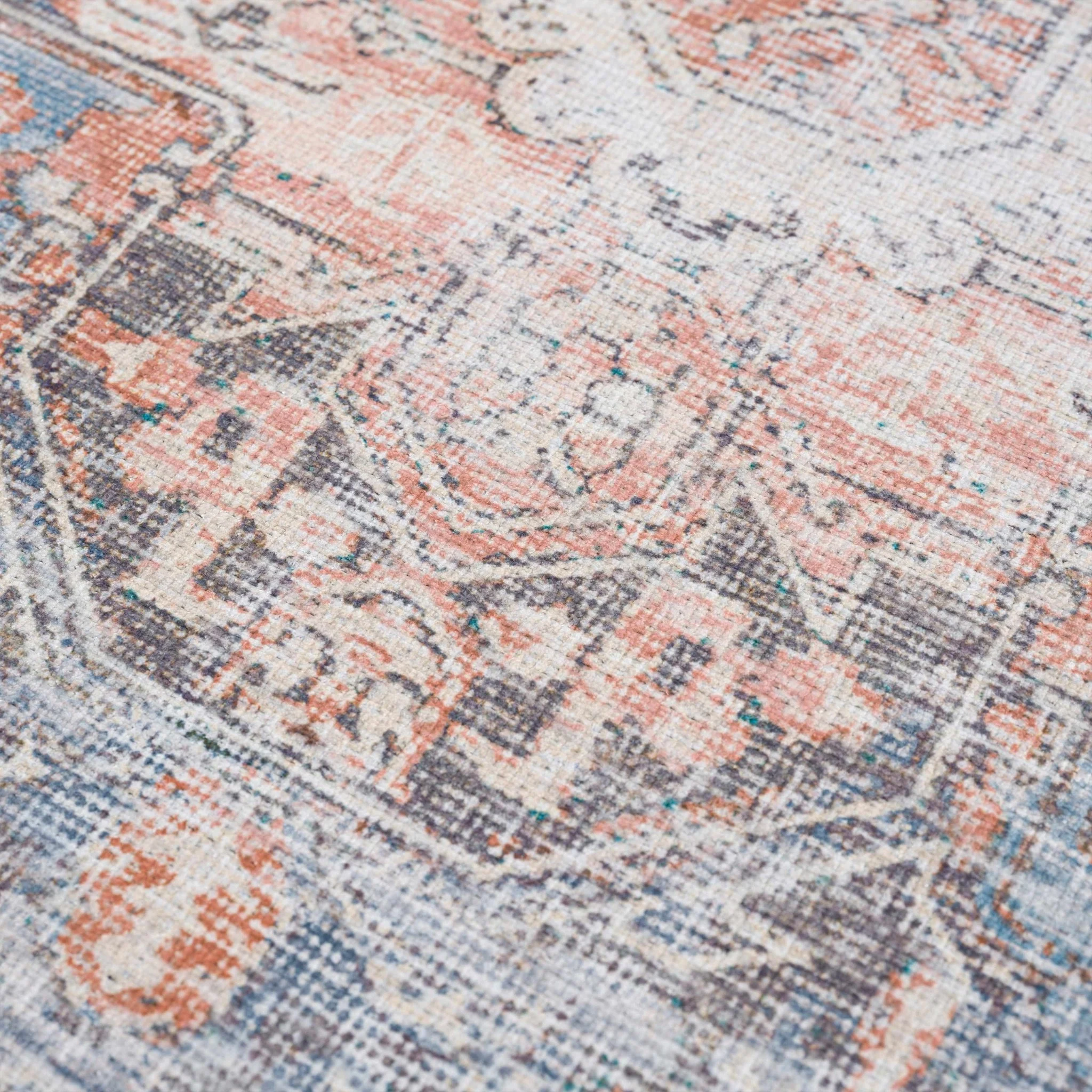Antique Distressed Style Rust, Light Pink and Blue Machine Washable Rug - Image 22