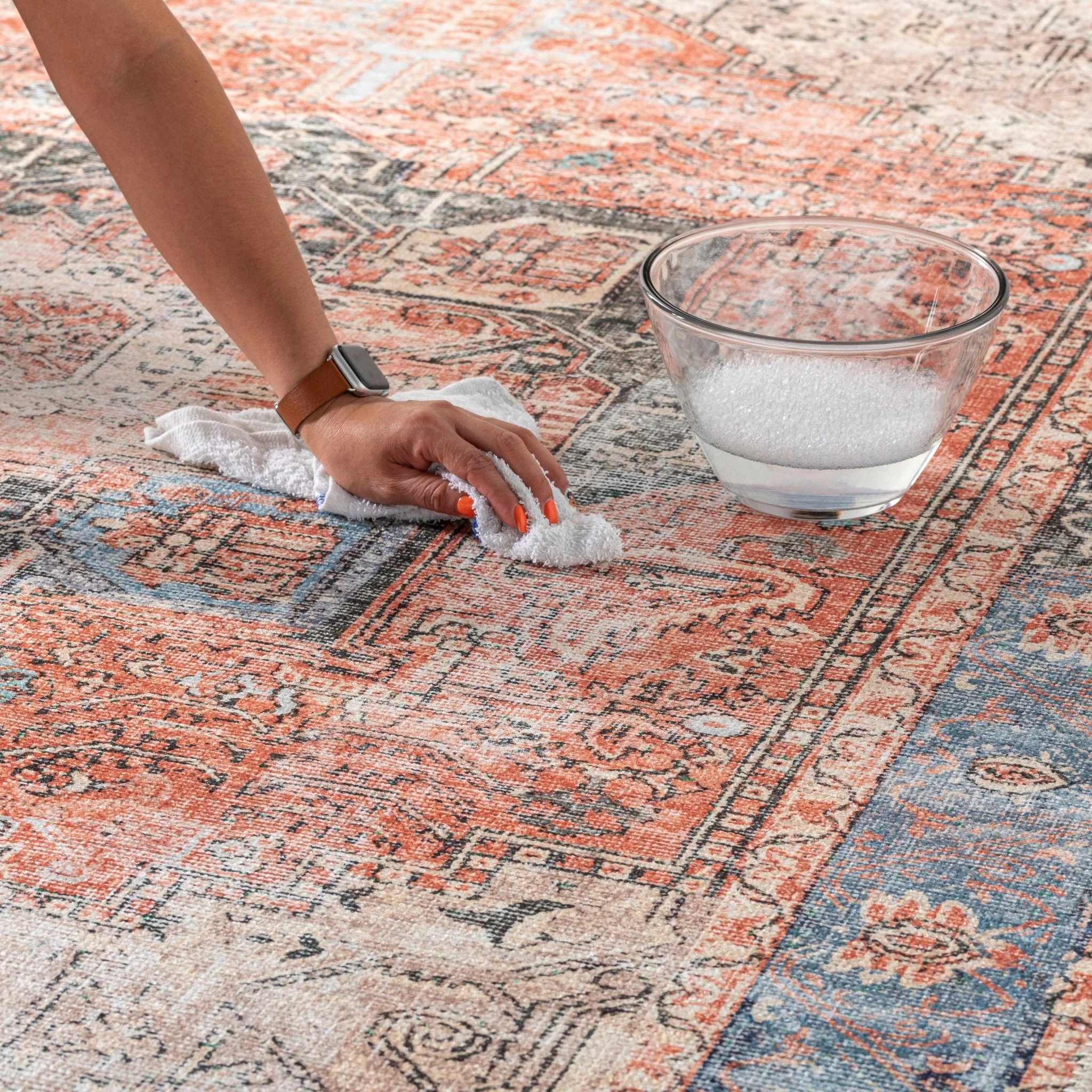 Antique Distressed Style Rust, Light Pink and Blue Machine Washable Rug - Image 23