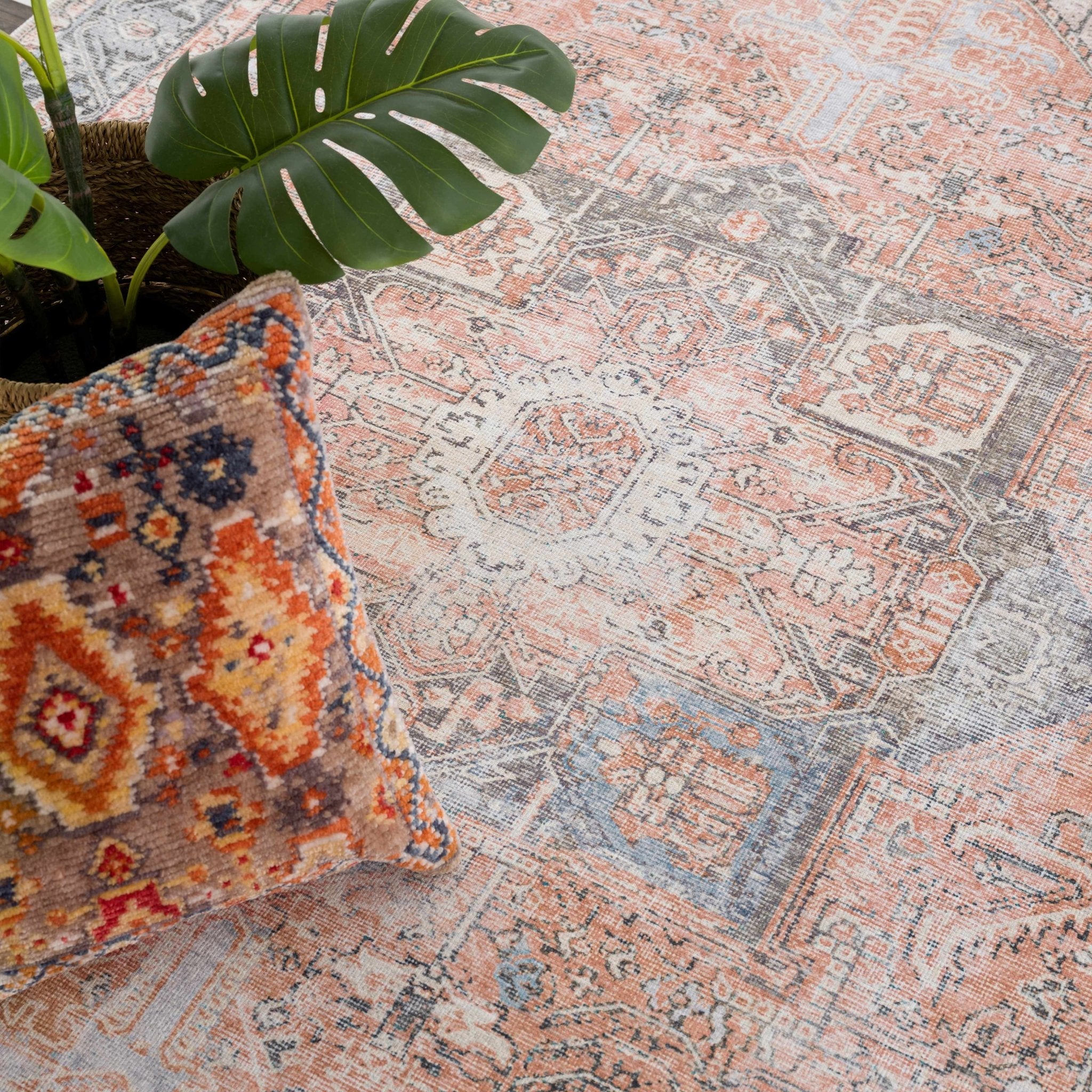 Antique Distressed Style Rust, Light Pink and Blue Machine Washable Rug - Image 24