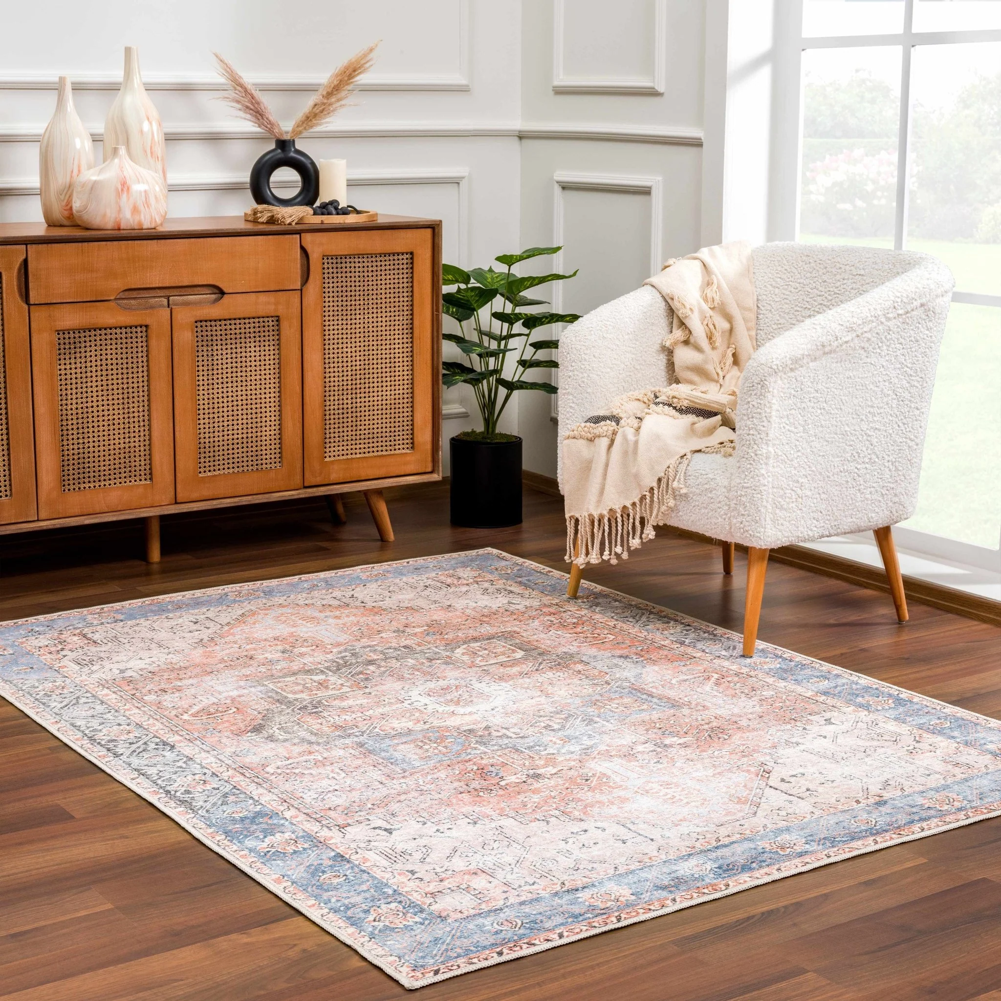Antique Distressed Style Rust, Light Pink and Blue Machine Washable Rug - Image 25