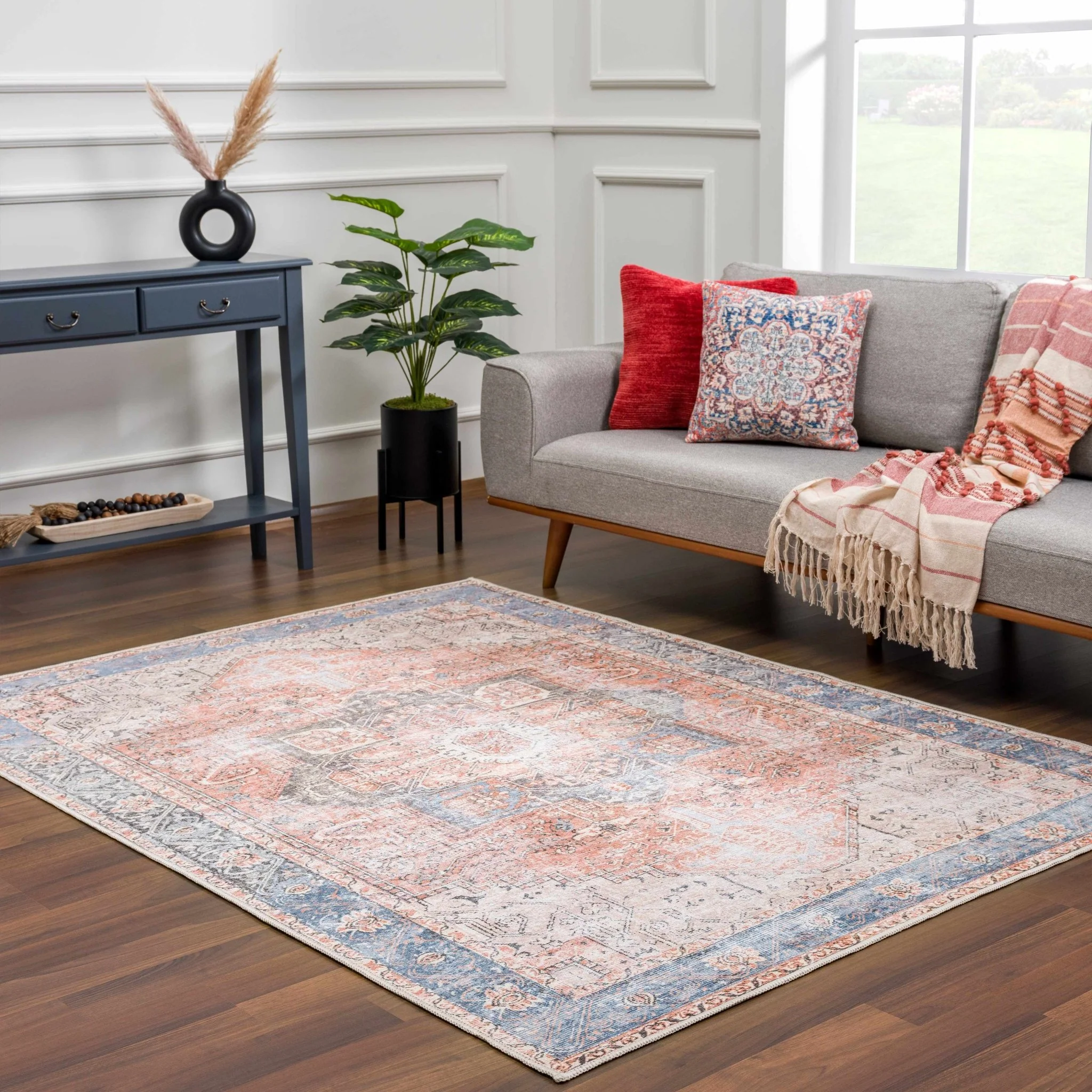 Antique Distressed Style Rust, Light Pink and Blue Machine Washable Rug - Image 26