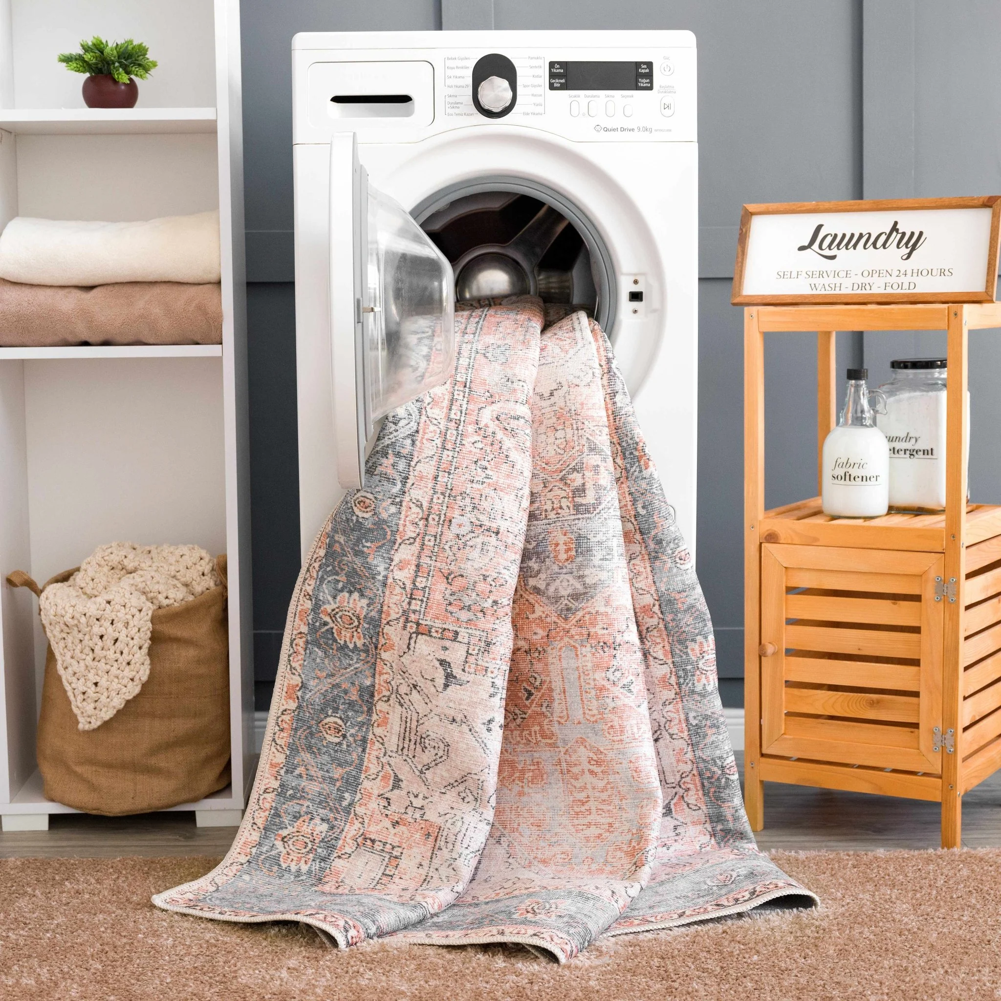 Antique Distressed Style Rust, Light Pink and Blue Machine Washable Rug - Image 27