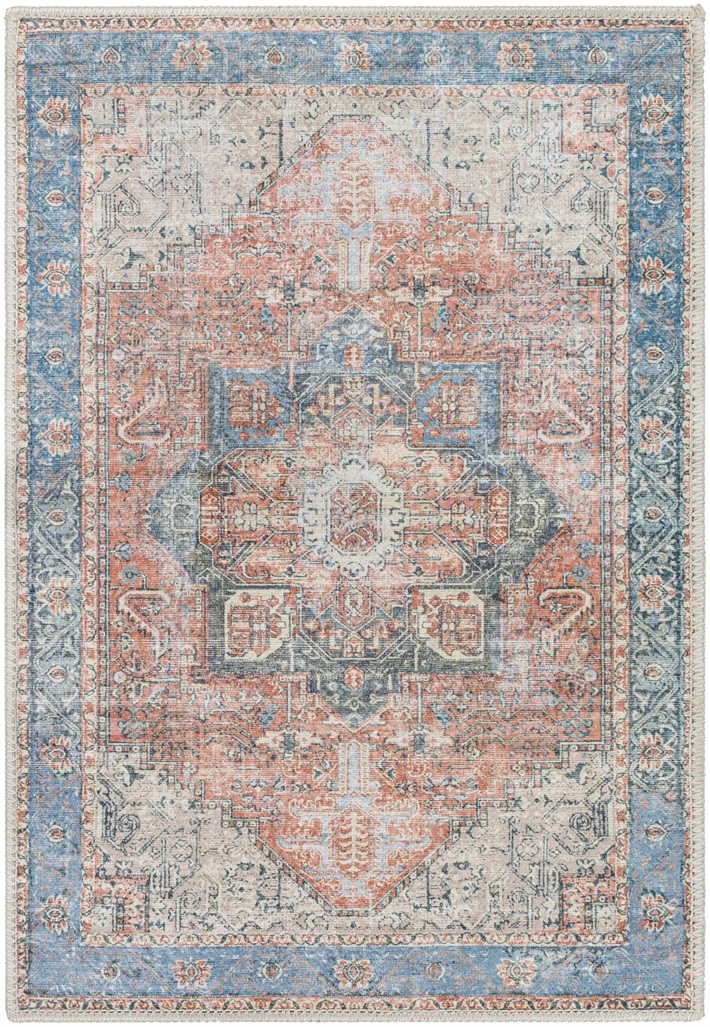 Antique Distressed Style Rust, Light Pink and Blue Machine Washable Rug - Image 28