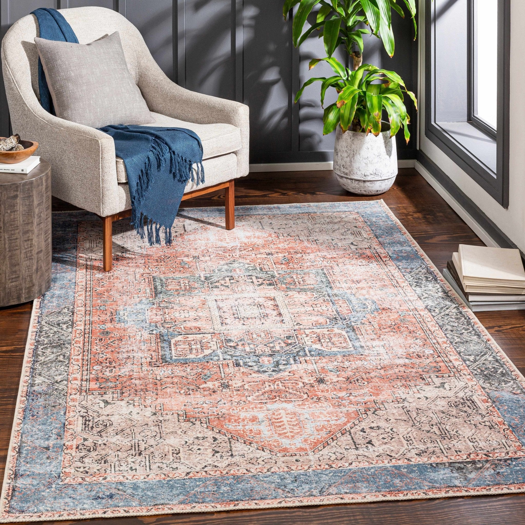 Antique Distressed Style Rust, Light Pink and Blue Machine Washable Rug - Image 29