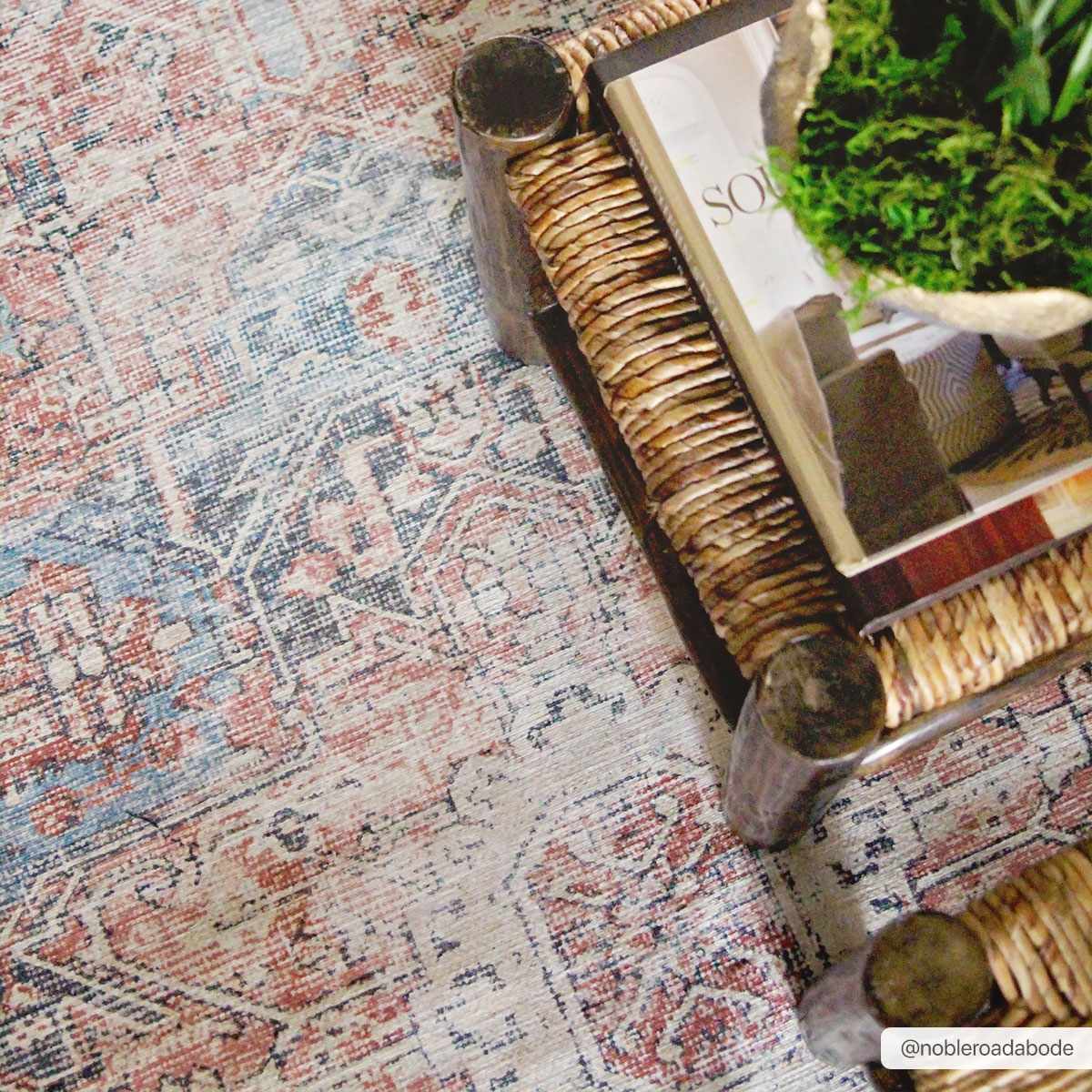 Antique Distressed Style Rust, Light Pink and Blue Machine Washable Rug - Image 3