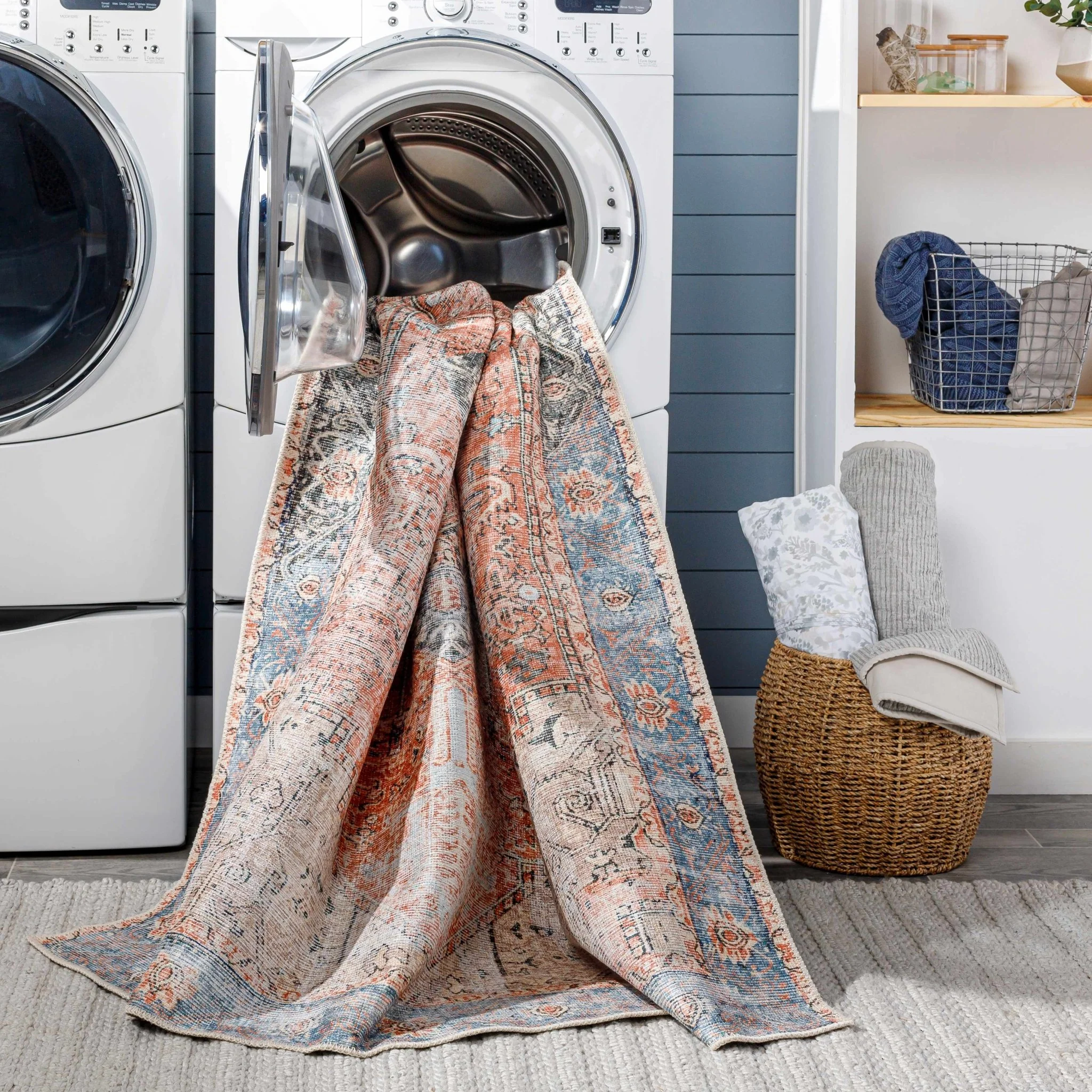 Antique Distressed Style Rust, Light Pink and Blue Machine Washable Rug - Image 30