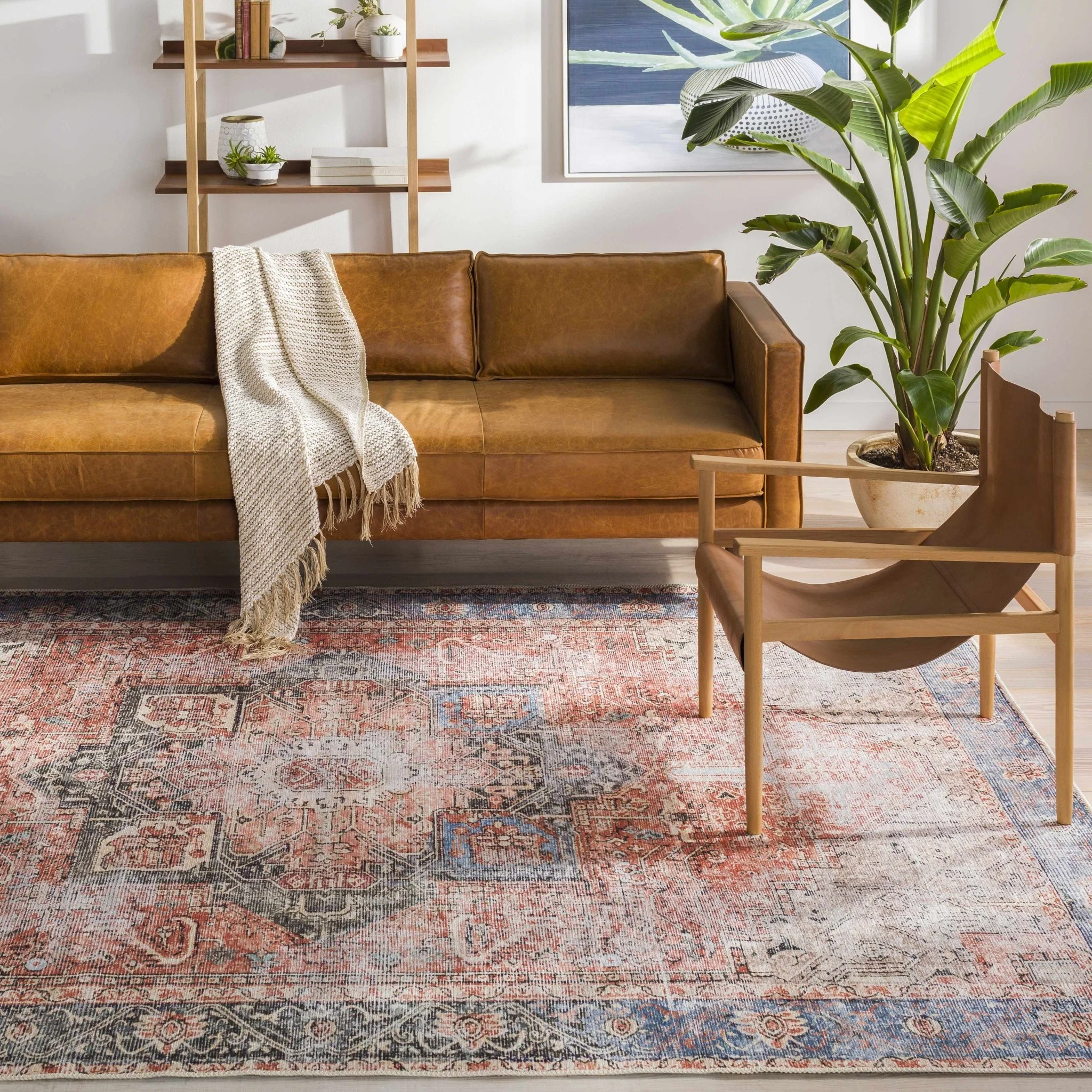 Antique Distressed Style Rust, Light Pink and Blue Machine Washable Rug - Image 31