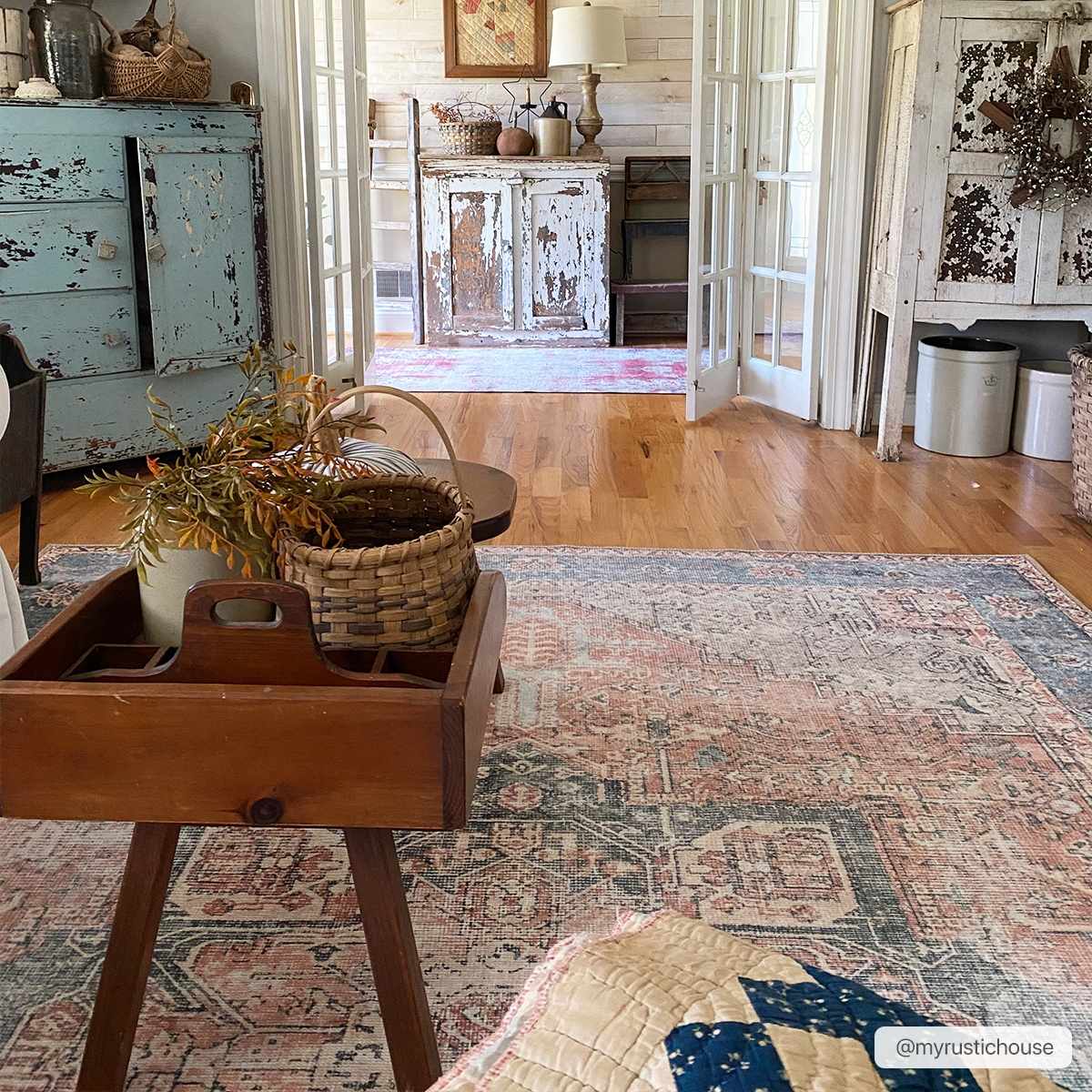 Antique Distressed Style Rust, Light Pink and Blue Machine Washable Rug - Image 7