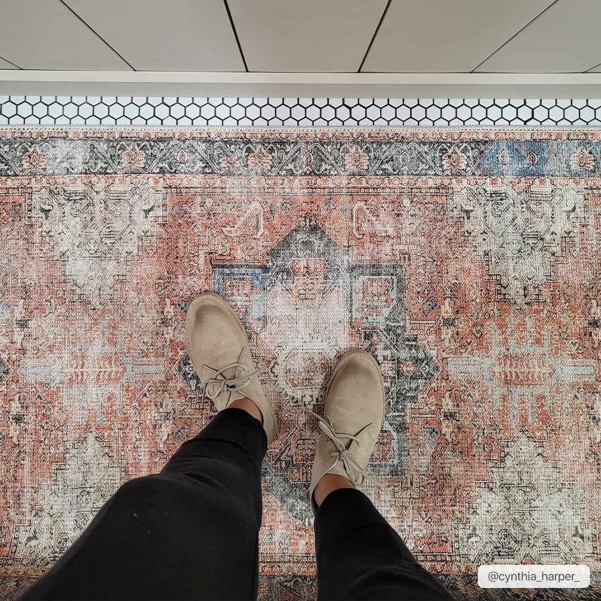 Antique Distressed Style Rust, Light Pink and Blue Machine Washable Rug - Image 9