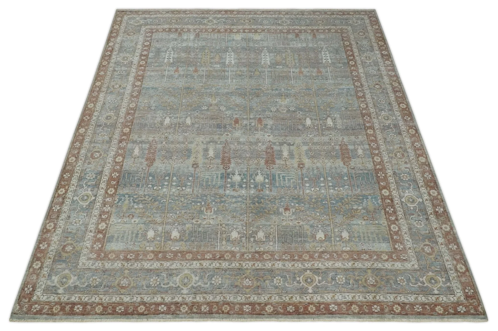 Tree of life Antique Distressed Finished Gray, Silver and Rust Low Pile Multi Size wool Area Rug - Image 10