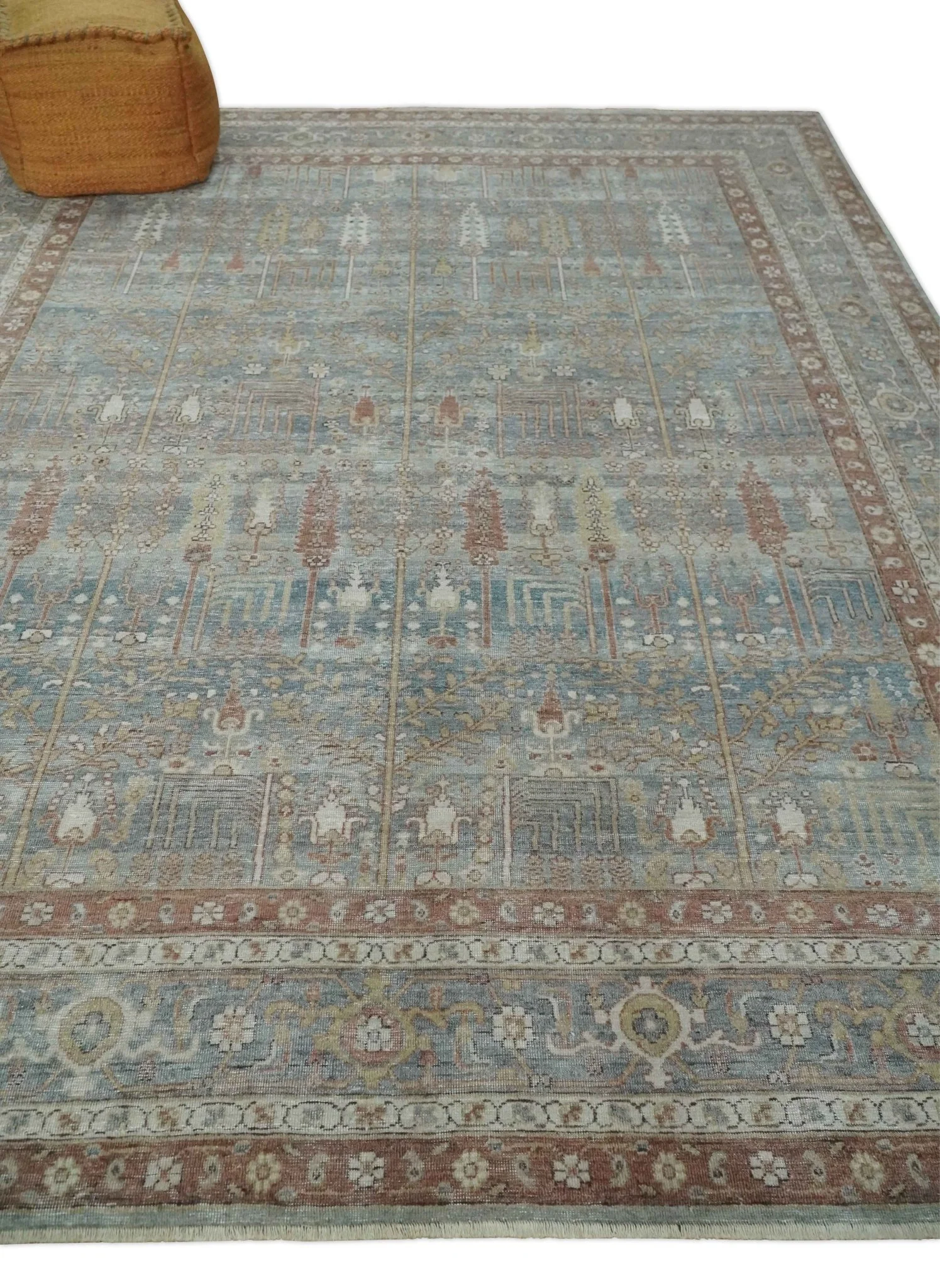 Tree of life Antique Distressed Finished Gray, Silver and Rust Low Pile Multi Size wool Area Rug - Image 3