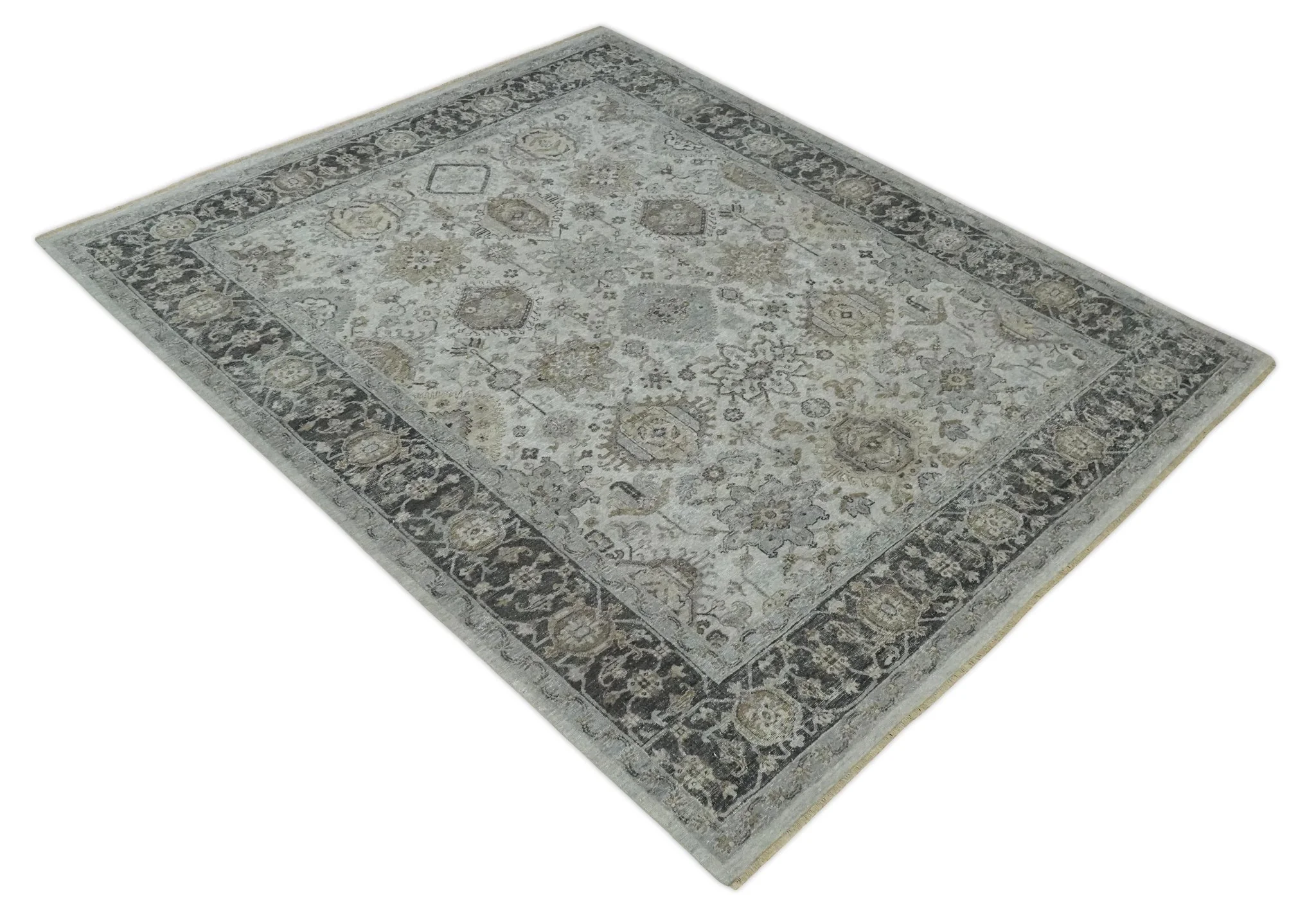 Antique Distressed finished Look Ivory, Charcoal and Beige Custom Made wool Area Rug - Image 10