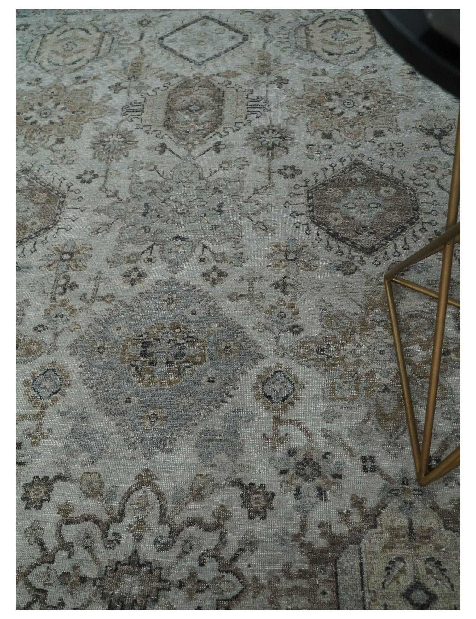 Antique Distressed finished Look Ivory, Charcoal and Beige Custom Made wool Area Rug - Image 3