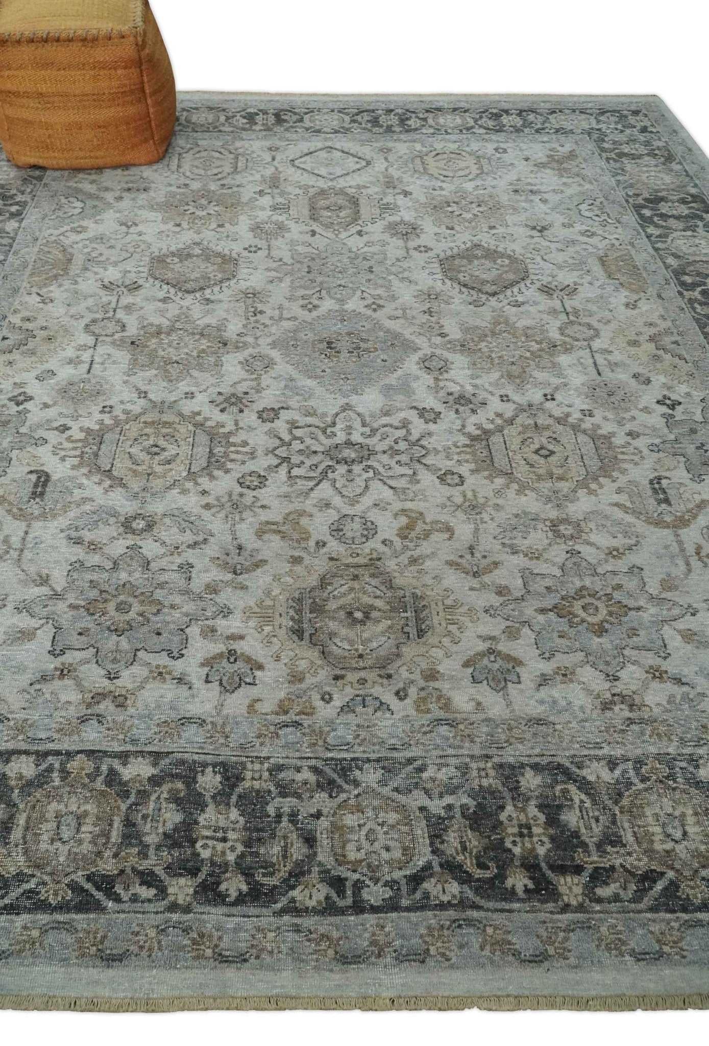 Antique Distressed finished Look Ivory, Charcoal and Beige Custom Made wool Area Rug - Image 4