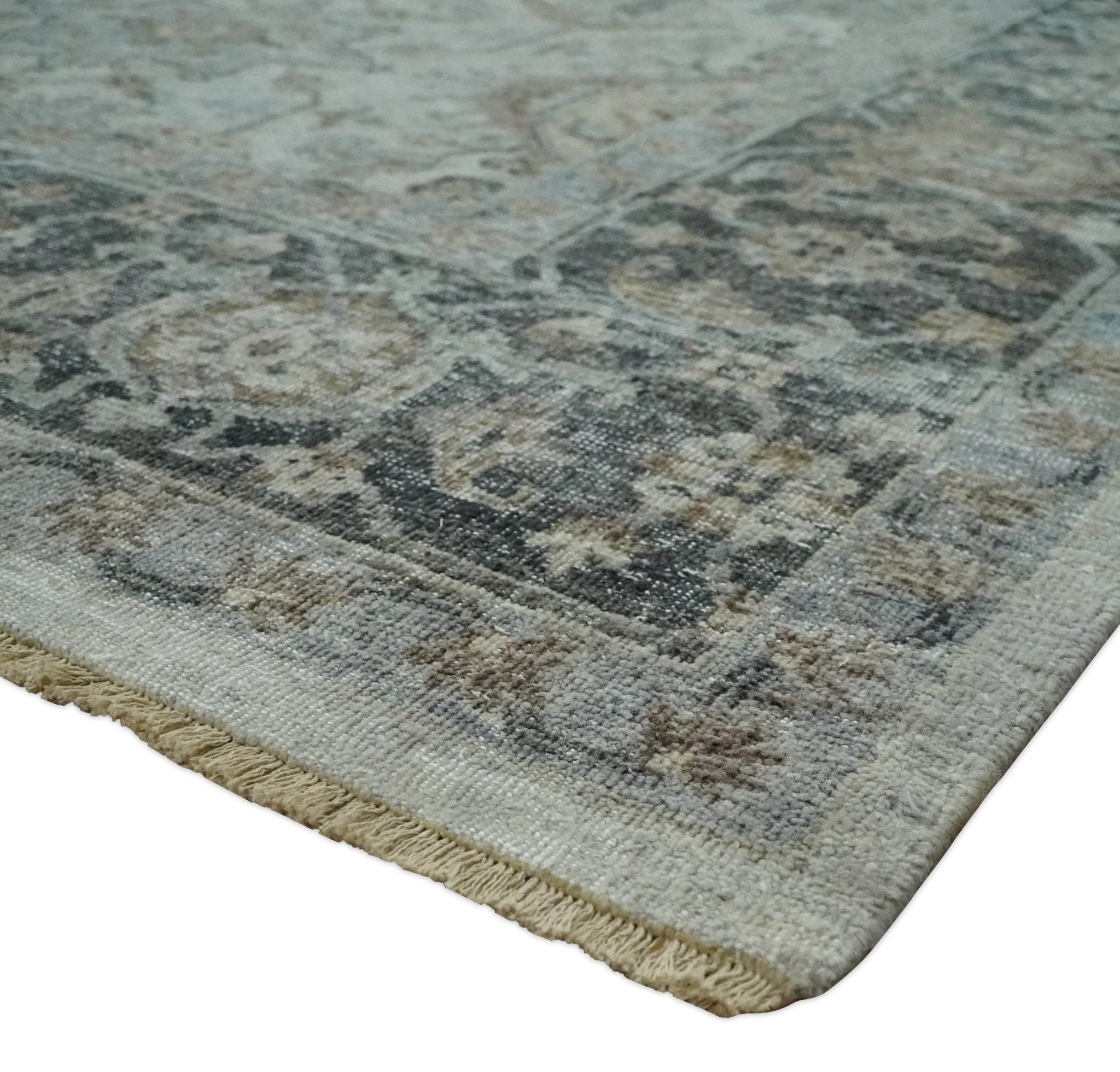 Antique Distressed finished Look Ivory, Charcoal and Beige Custom Made wool Area Rug - Image 6