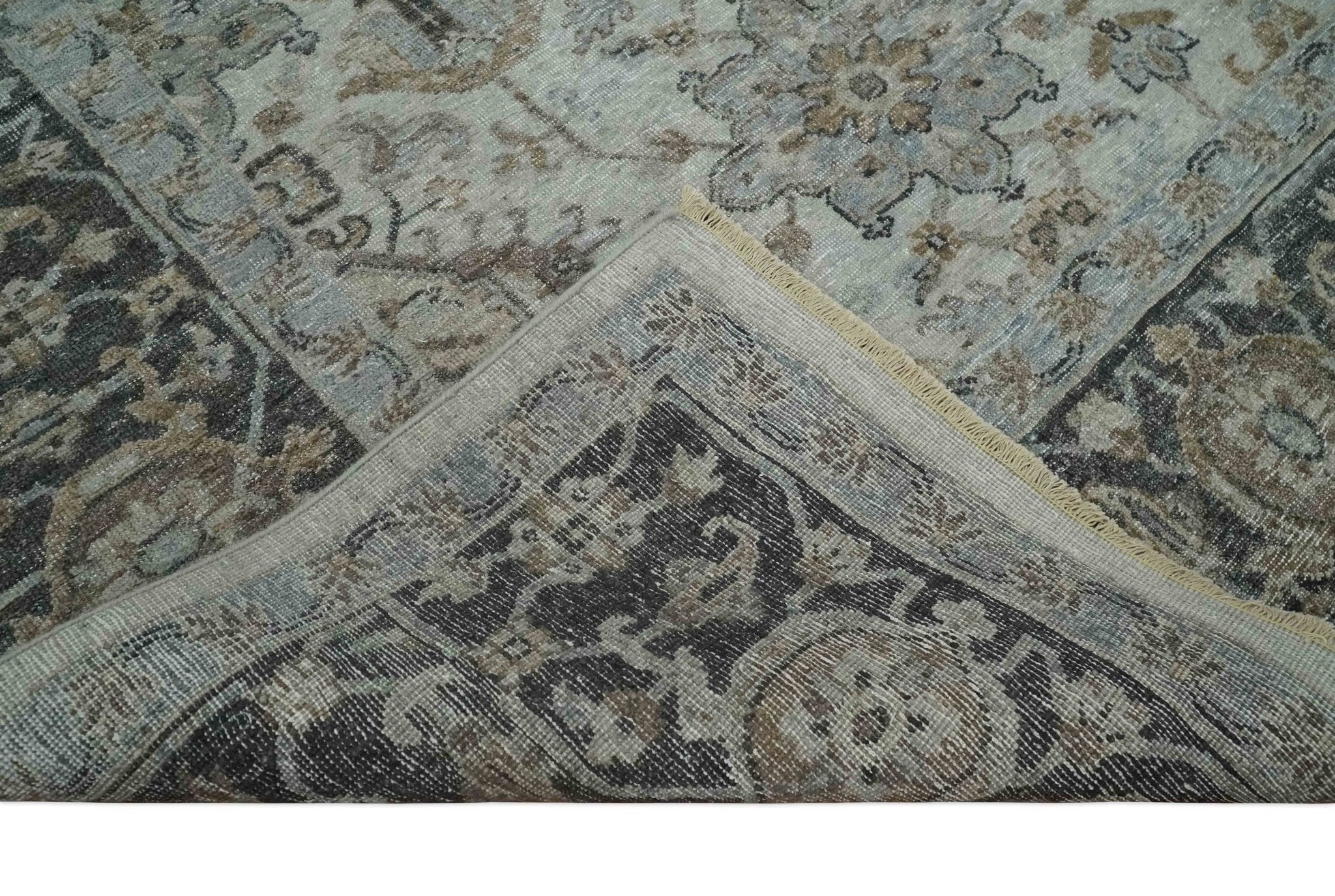 Antique Distressed finished Look Ivory, Charcoal and Beige Custom Made wool Area Rug - Image 8