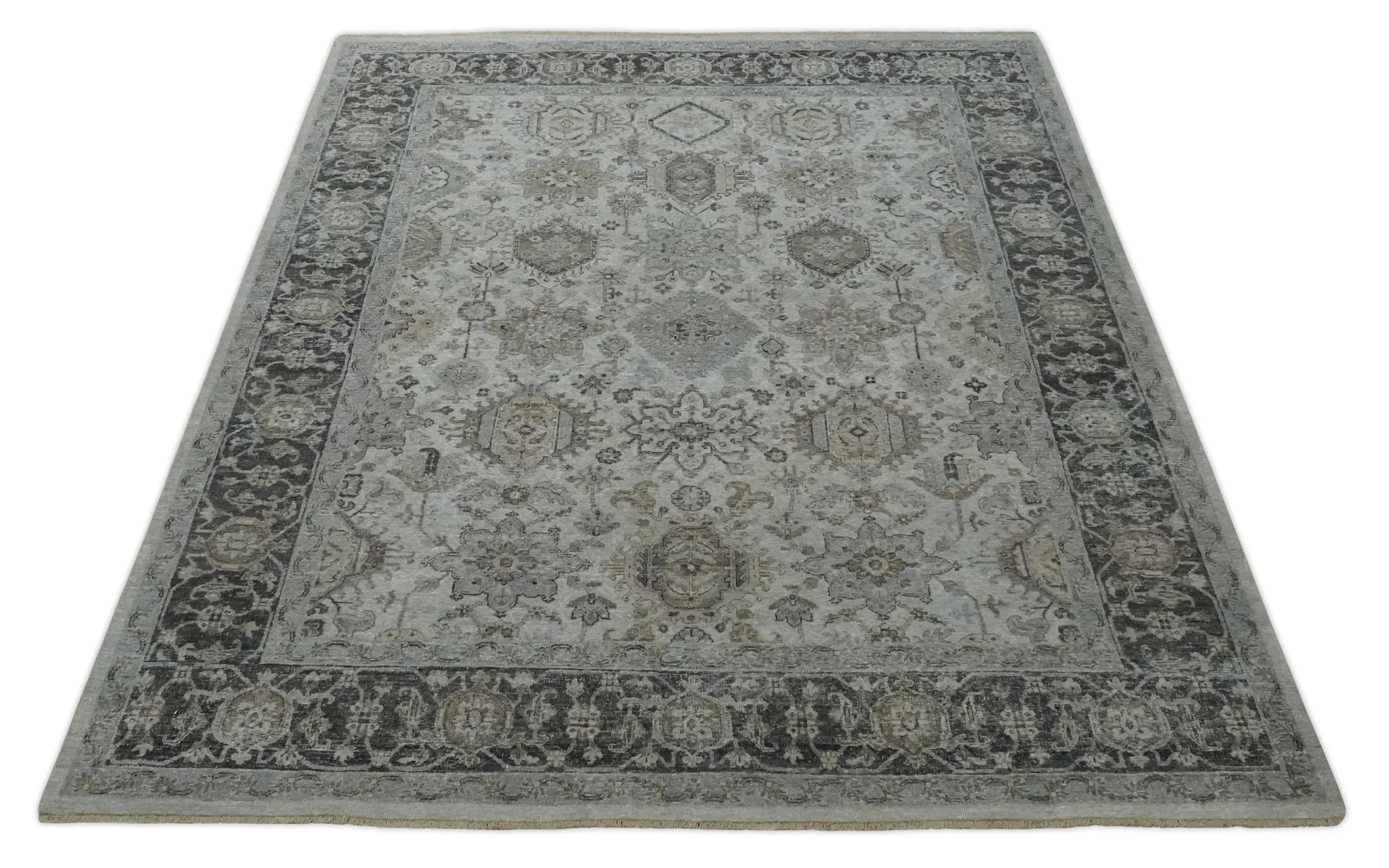 Antique Distressed style Ivory, Charcoal and Beige Low Pile 8x10 wool Area Rug - Image 11