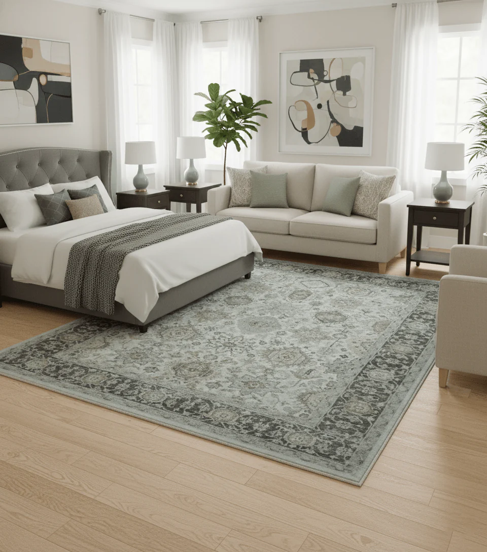 Antique Distressed style Ivory, Charcoal and Beige Low Pile 8x10 wool Area Rug - Image 2