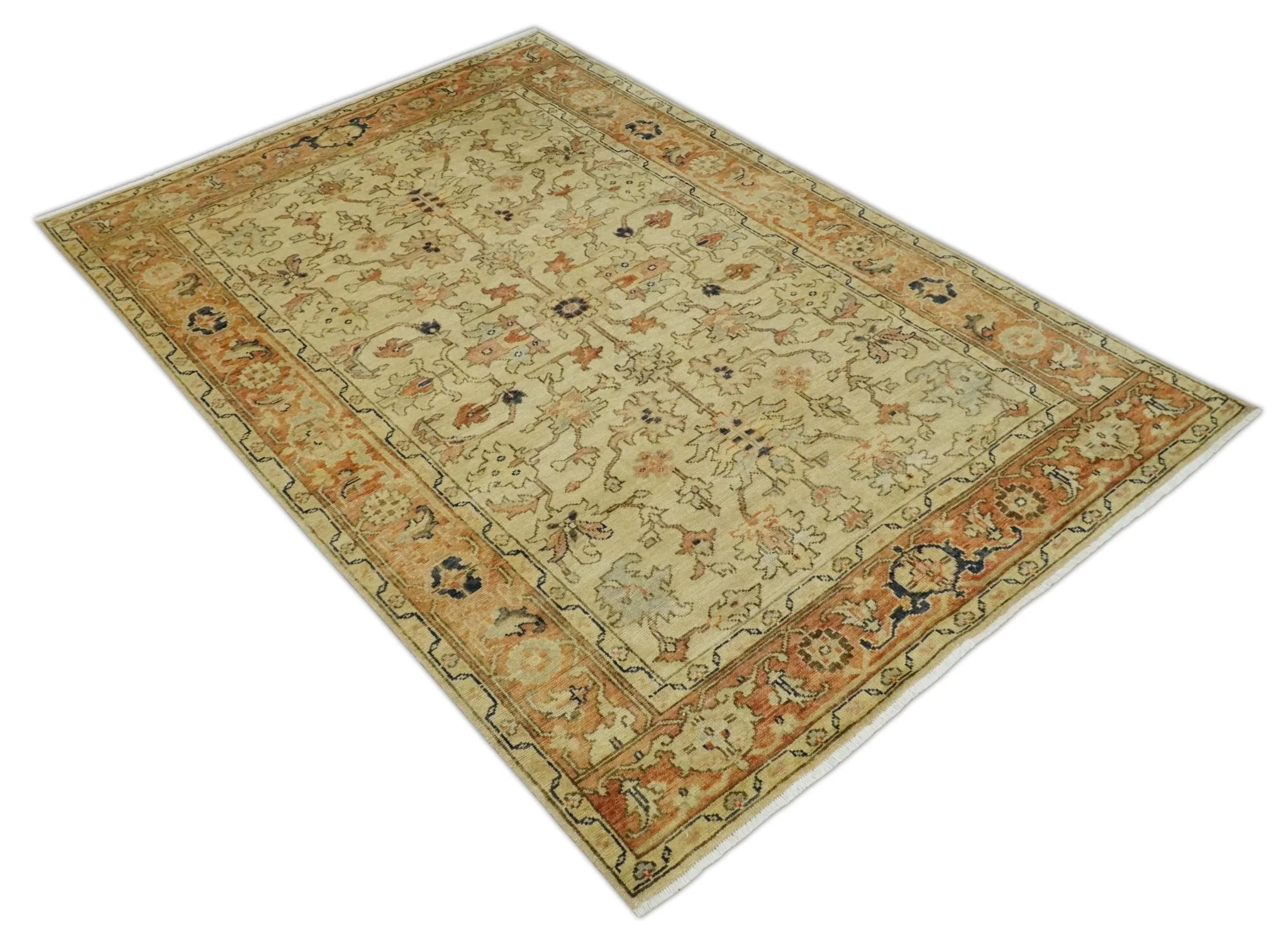 Antique Style Empress Tabriz 6x8 Hand Knotted Beige and Rust Modern Traditional Wool Rug | N35368 - Image 9