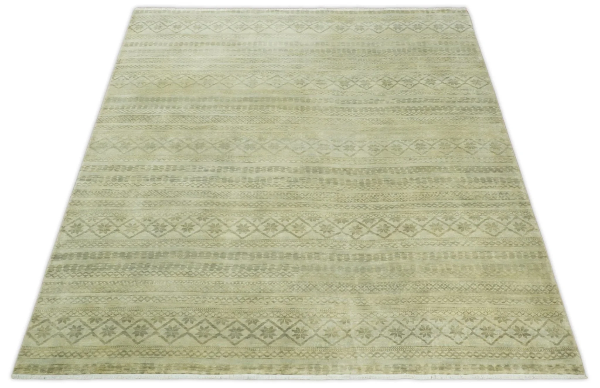 Antique faded 8x10 Vintage Oriental Traditional Olive and Beige Wool Area Rug | TRDCP547810 - Image 12