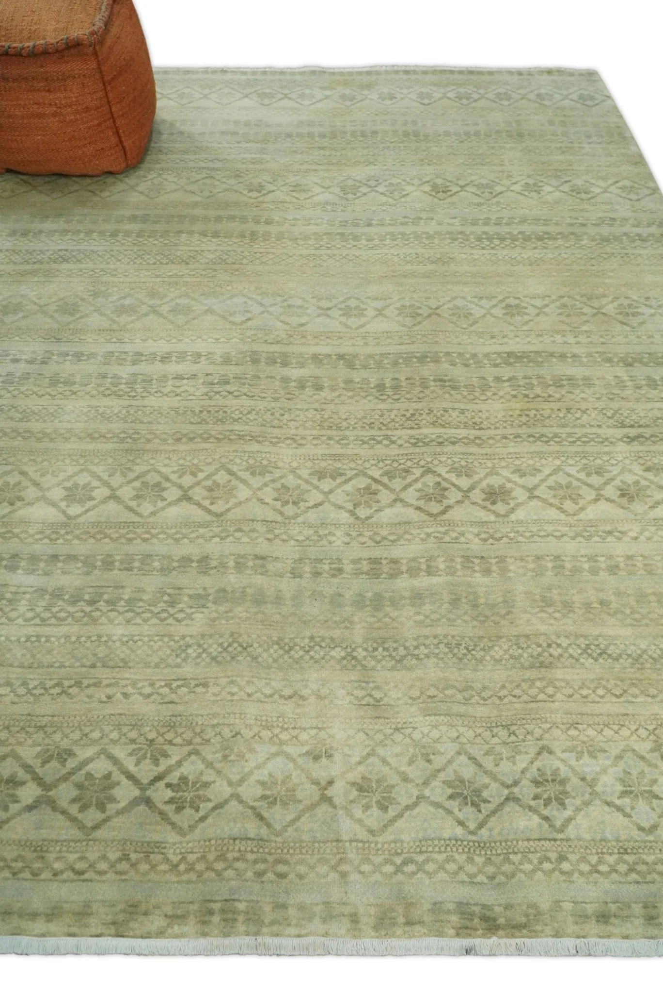 Antique faded 8x10 Vintage Oriental Traditional Olive and Beige Wool Area Rug | TRDCP547810 - Image 2