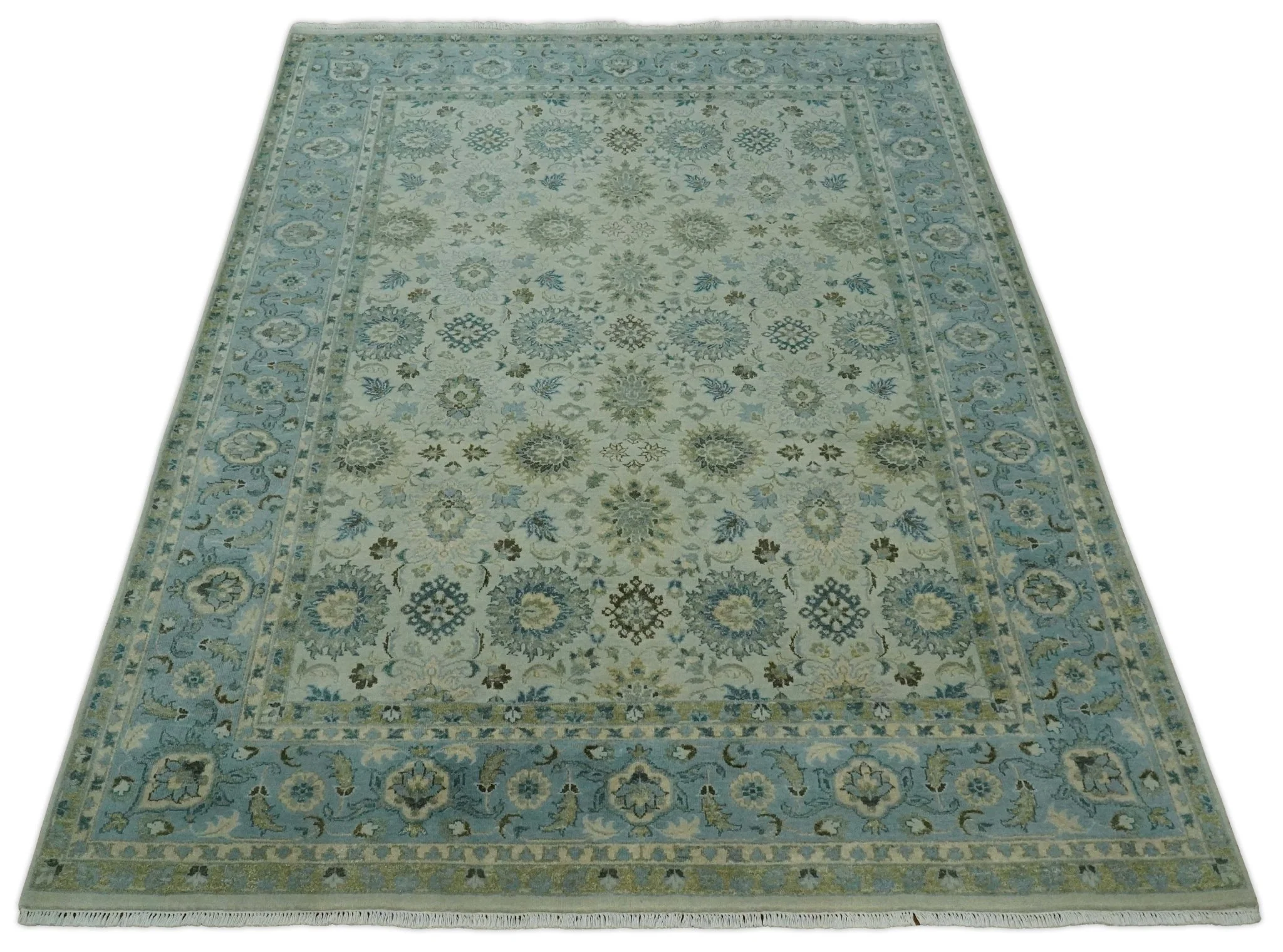 Antique Fine 8x10 Hand Knotted Beige and Blue Traditional Vintage Persian Wool Rug | TRDCP828810 - Image 11