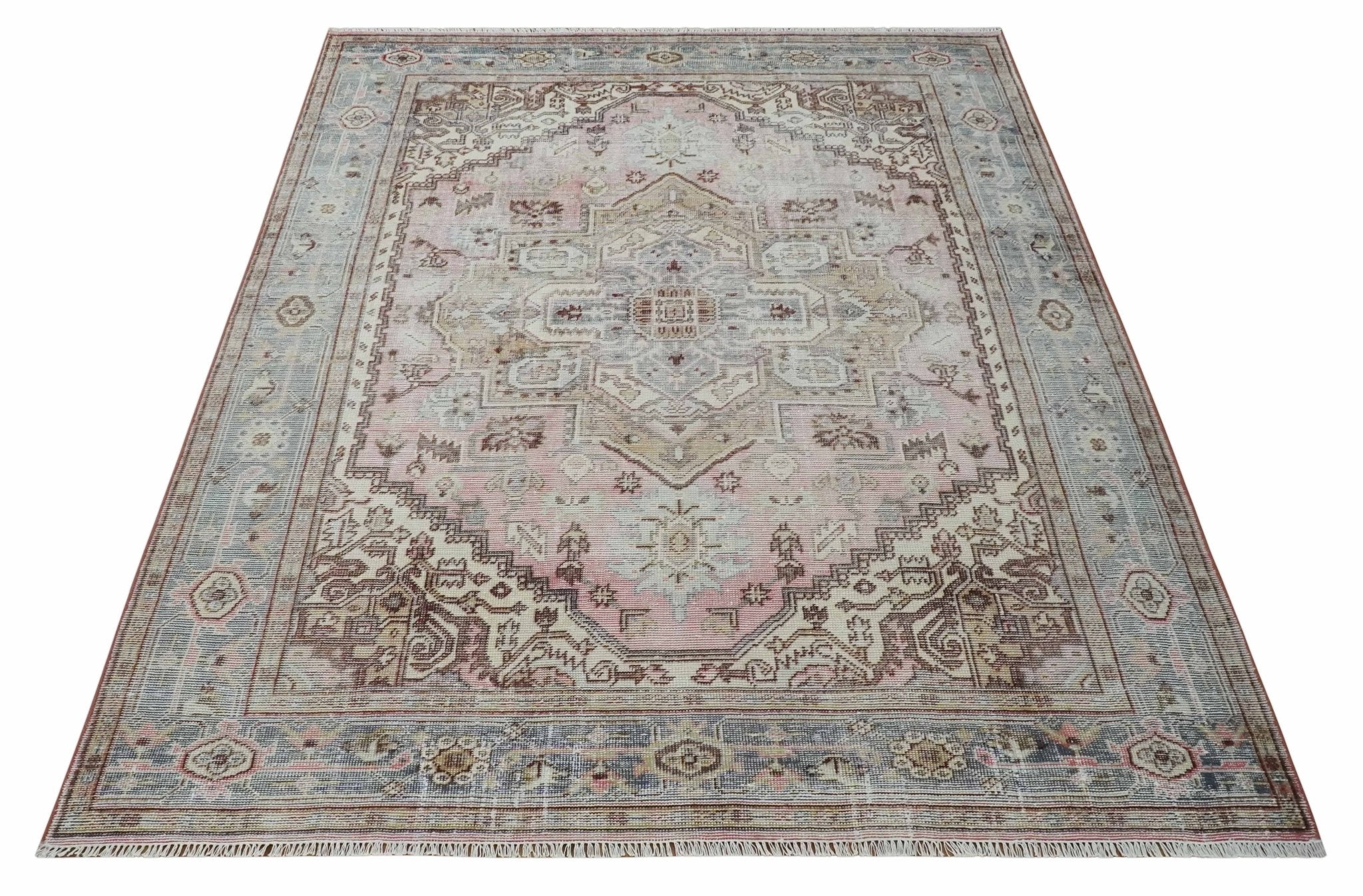 8x10 Distressed Low Pile Hand knotted Beige, Peach and Silver Wool Area Rug - Image 10