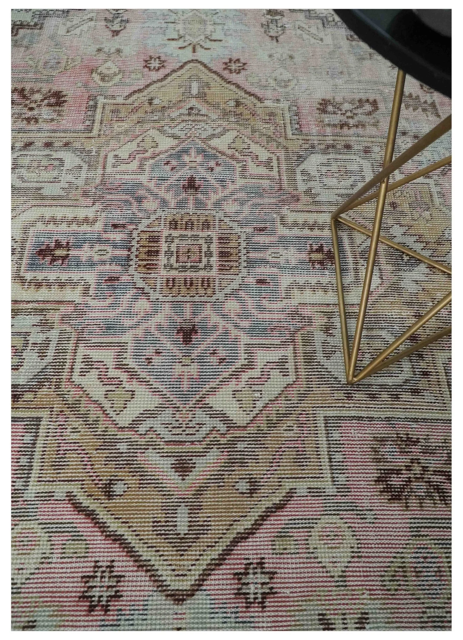 8x10 Distressed Low Pile Hand knotted Beige, Peach and Silver Wool Area Rug - Image 2
