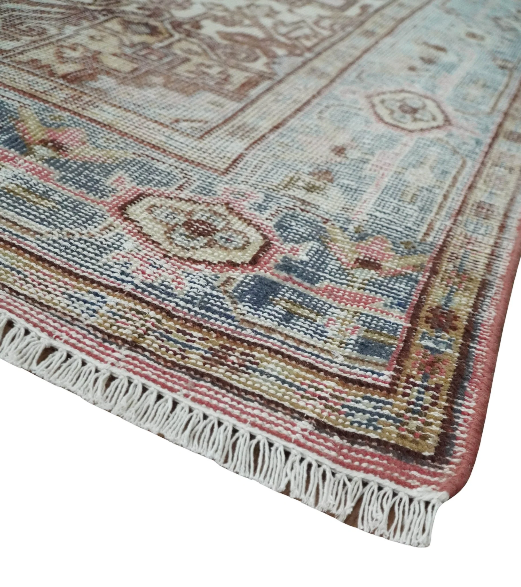 8x10 Distressed Low Pile Hand knotted Beige, Peach and Silver Wool Area Rug - Image 5