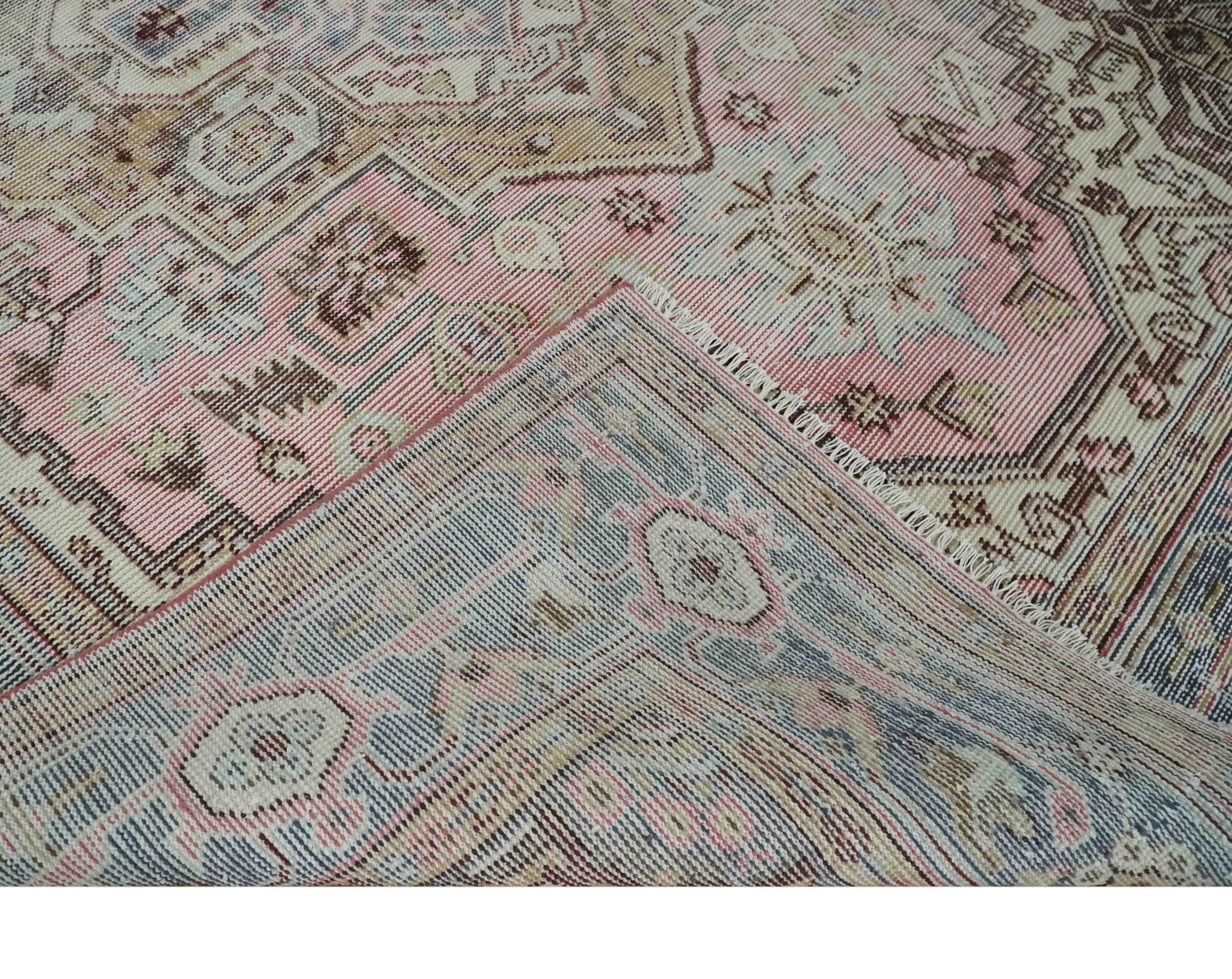 8x10 Distressed Low Pile Hand knotted Beige, Peach and Silver Wool Area Rug - Image 6